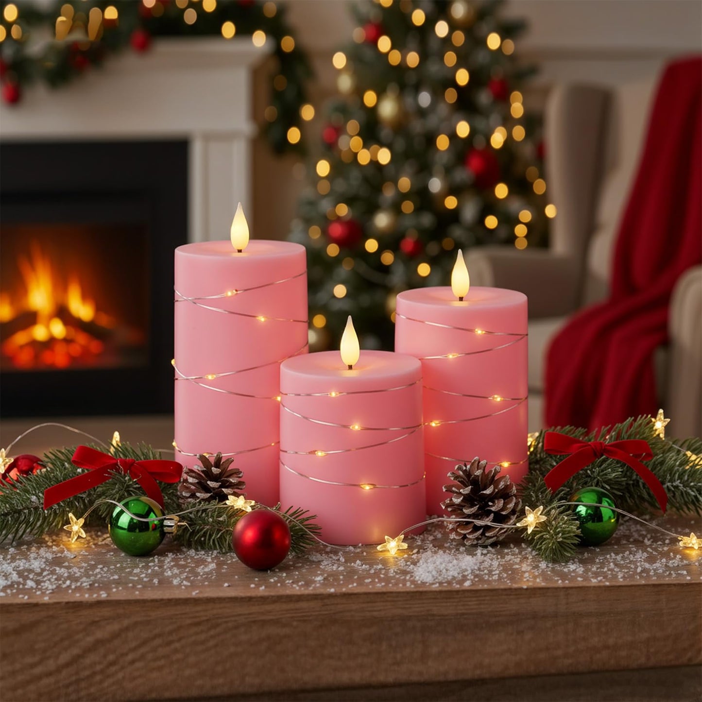 Raycare Easter Pink Flameless Candles with Remote Timer, Flickering Battery Operated LED Pillar Fake Candle with String Lights for Home Decor, Christmas, Wedding and Gift, Set of 3