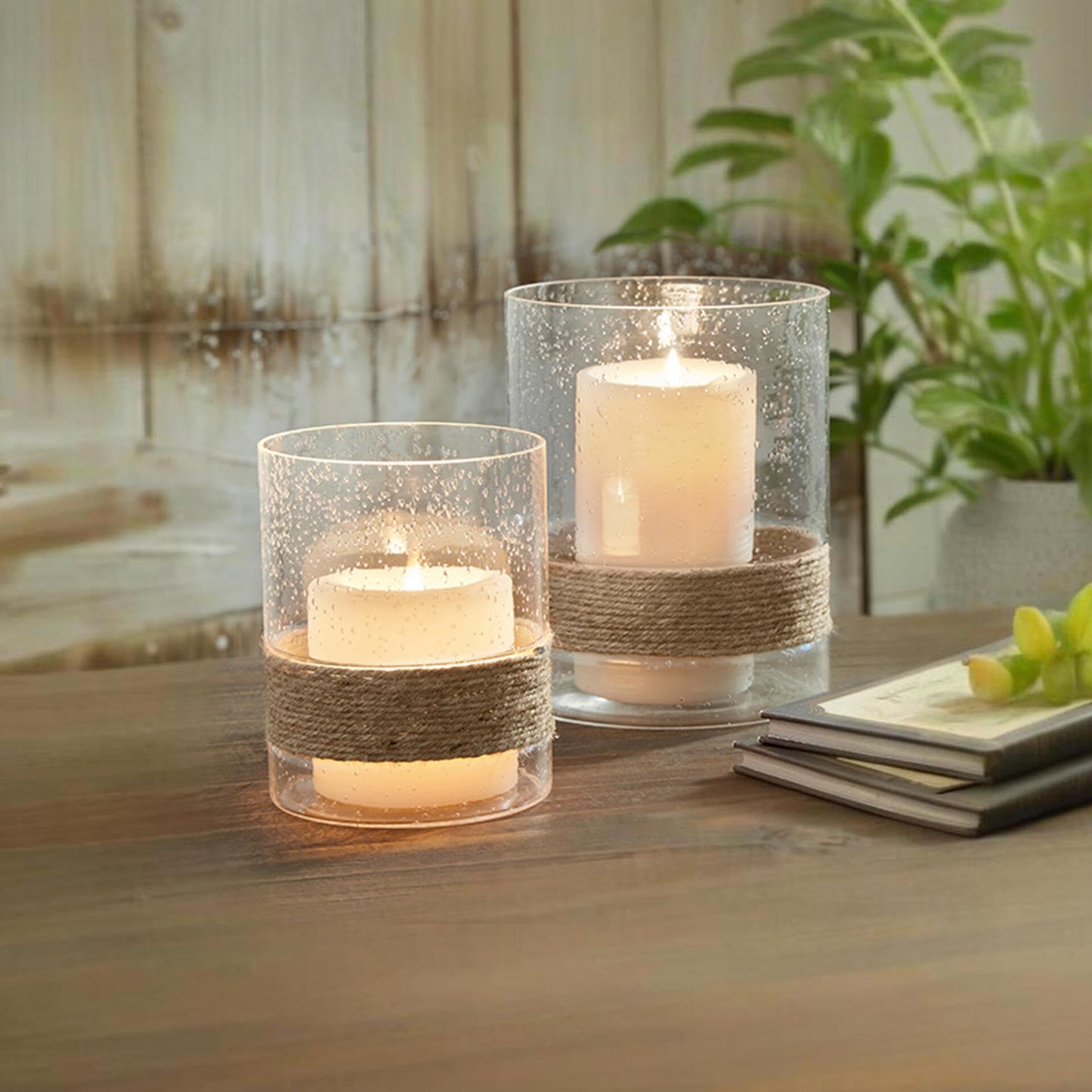Signature Design by Ashley Eudocia Coastal 2 Piece Glass Candle Holder Set with Rope Base, Clear & Brown