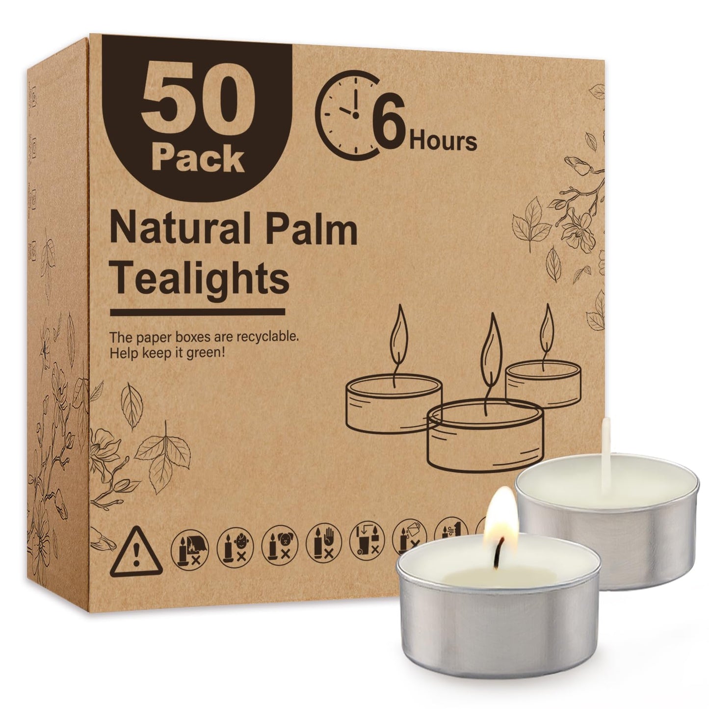 Ashlux Unscented Palm Tea Lights Candles 50 Pack Bulk, 6 Hours Long Burning White Tea Lights,Non-Paraffin, Smokeless, Mini Tealight Candles for Wedding, Christmas Lights, Party, Power Outages