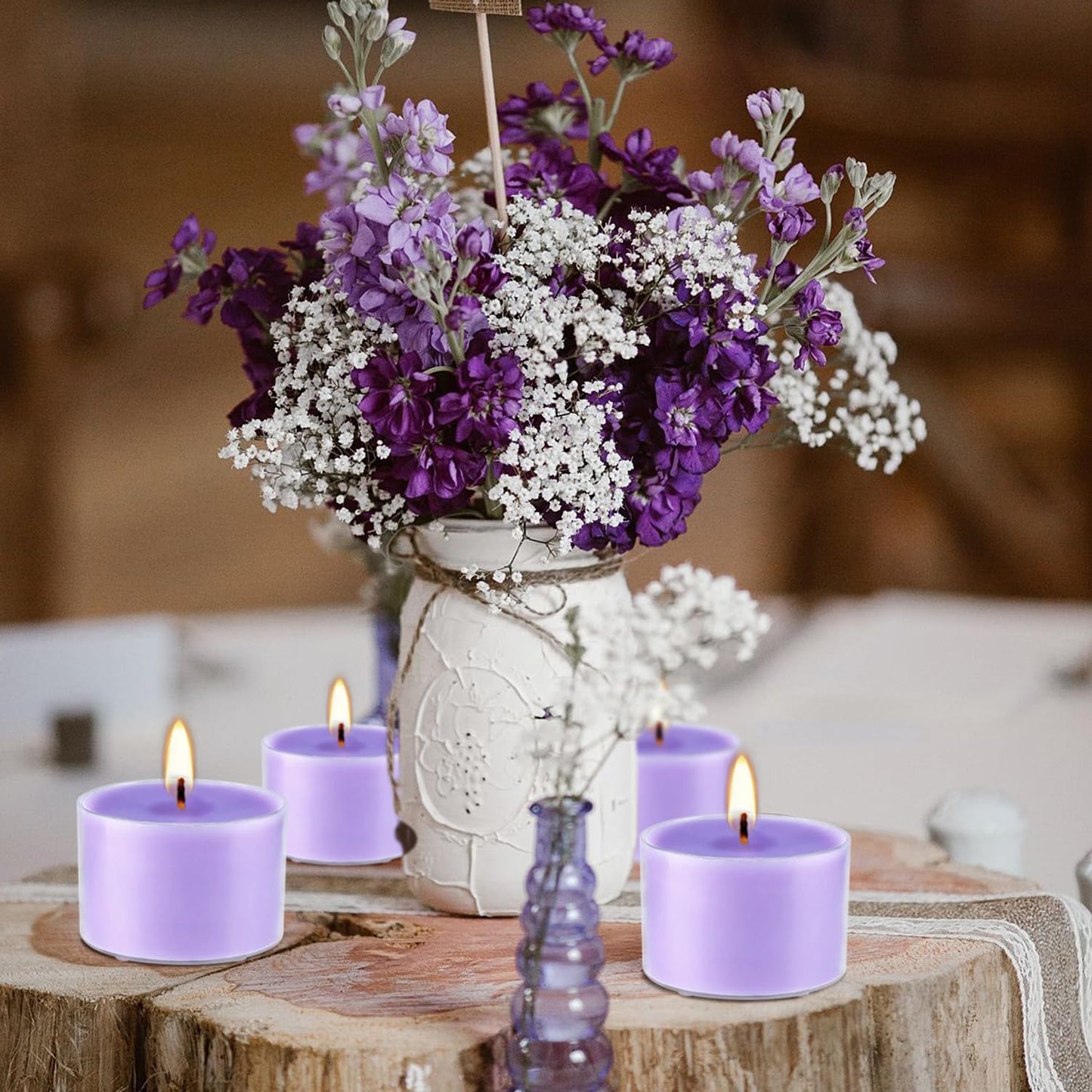 Wfmolcand 50 Pack Bulk Lavender Scented Tealight Candles in Clear Cup, Purple Wax Votive Candle for Birthdays Weddings Churches Anniversaries & More（8 Hour）