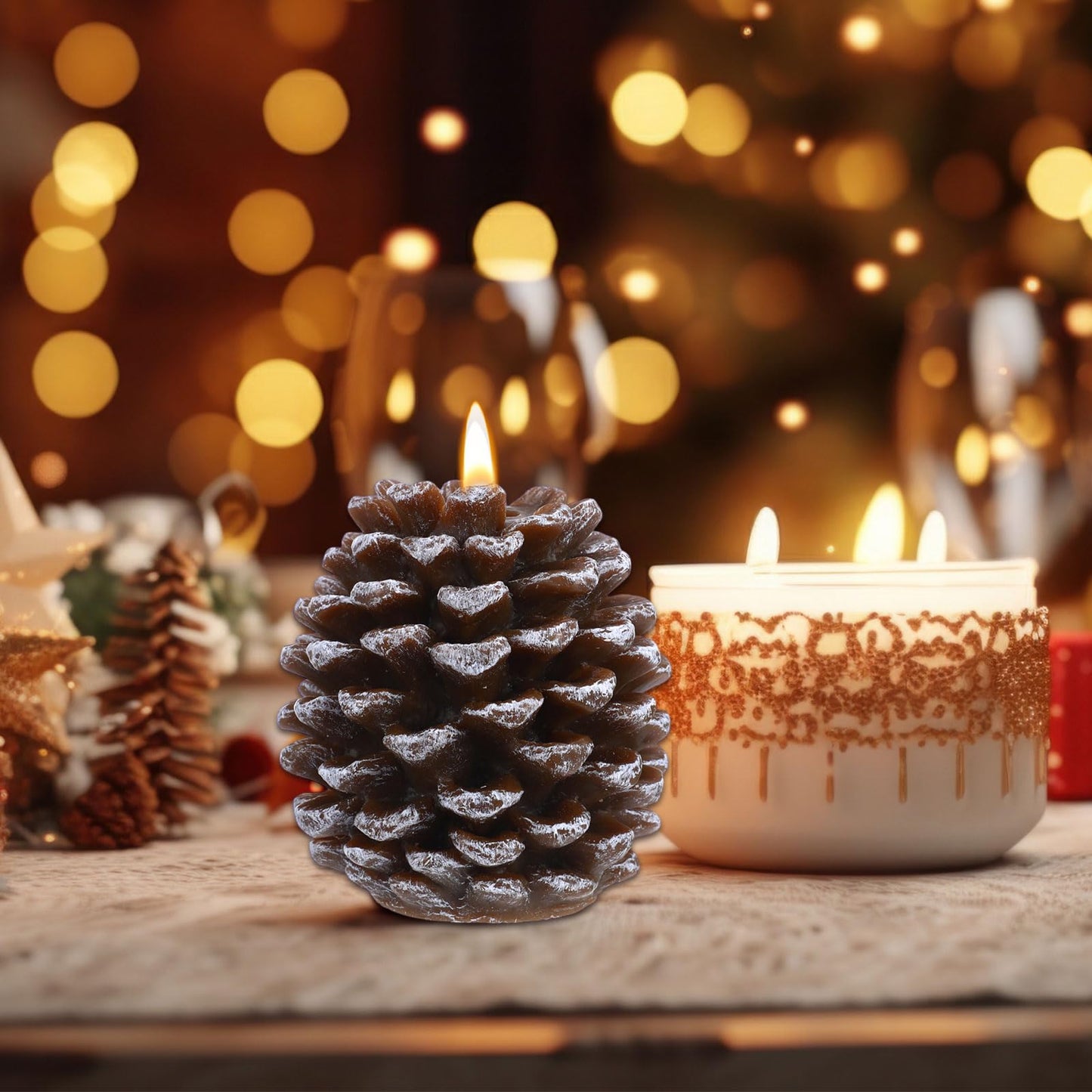 Baquler 4 Pcs LED Pine Cone Candles, Battery Operated, Flameless, Real Wax Pine Cone Candles with LED Flickering for Christmas Party Decoration