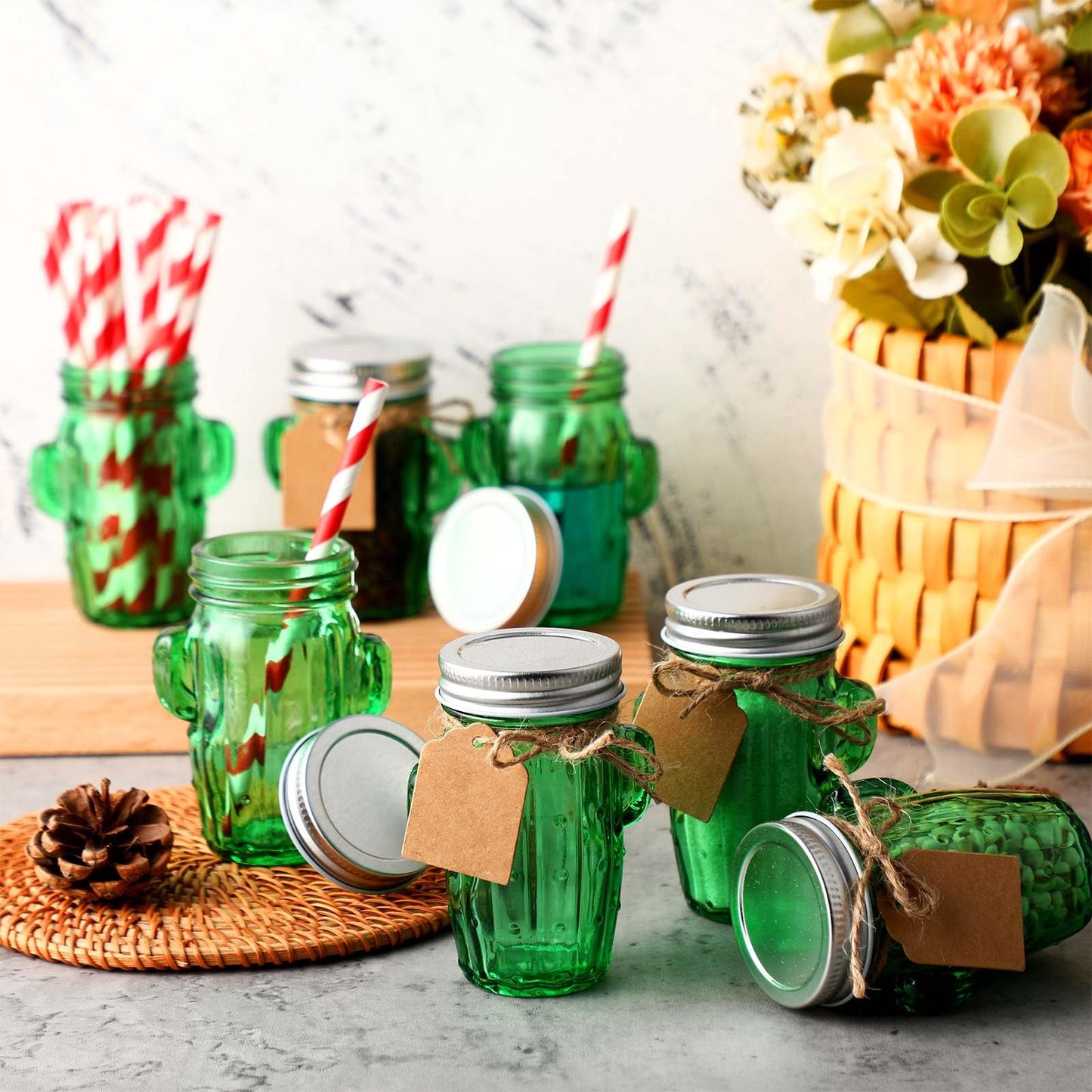 Maxcheck 24 Sets 3oz Cactus Mason Jars Shot Glasses with 24pcs Shot Glasses 24pcs Silver Lids 30pcs Straw, Glass Cactus Decor Favor Jars for Weddings, Decoration Parties DIY Drink Dessert Candle Craft