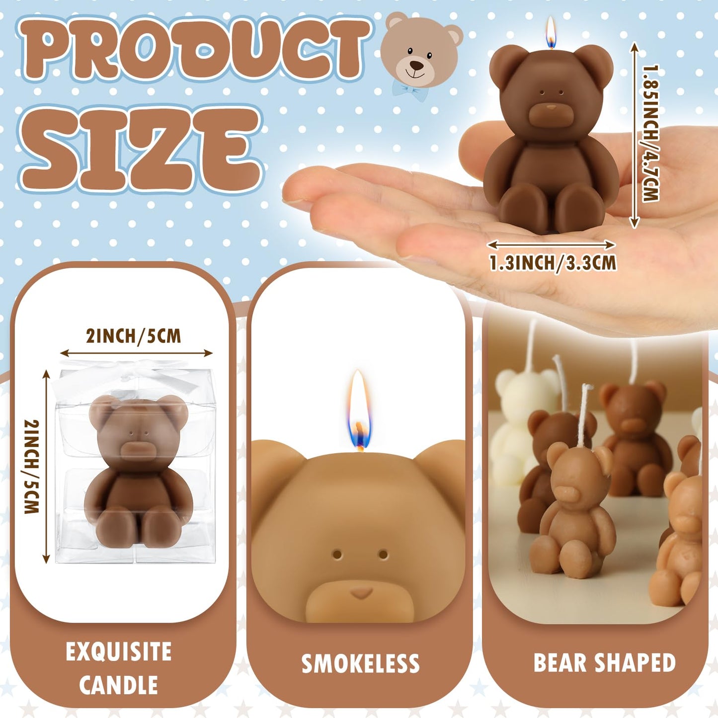 Hoolerry 60 Pcs Baby Shower Favors Mini Bear Candles Party Favors with Boxes Handmade Bear Shaped Candles Bulk for Baby Shower Boys Girls Wedding Gender Reveal Party Guest (White,Brown)