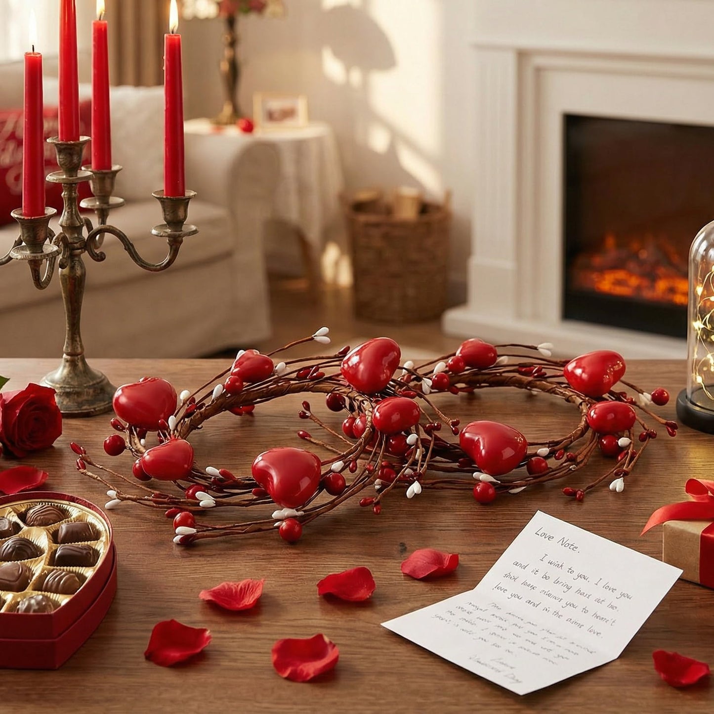 4 Pcs Valentine Candle Rings, Wreaths Red Heart and Berry Candle Holder Rings, Inner Diameter 3.2 Inch Candlestick Decoration for Valentine's Day Wedding Table Centerpieces