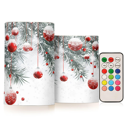 Christmas Lights Flameless Candles Winter Christmas Balls Snowflakes Pillar Candles Set of 2 Battery Operated Remote Control Warm Lights Home Decor