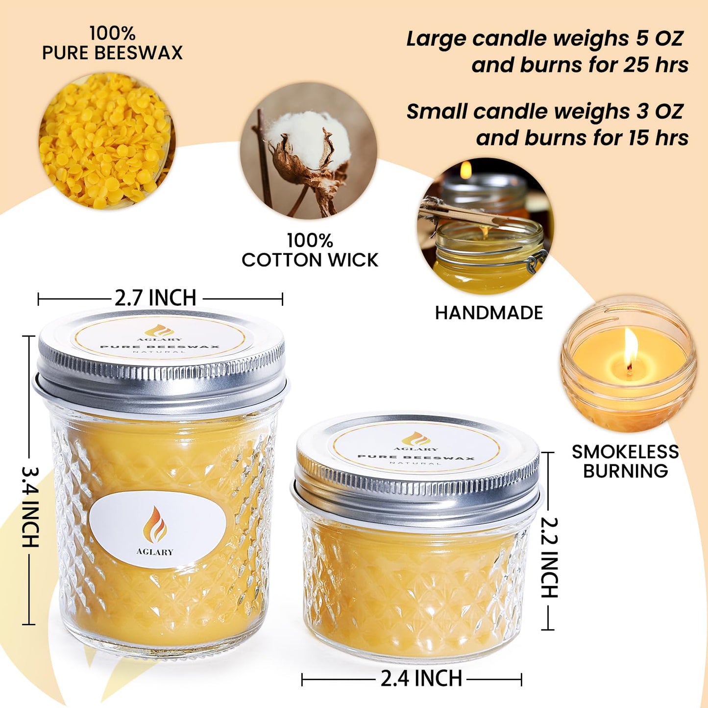 AGLARY Beeswax Candle in Glass, 5oz,Over 26H Burn Time, Elegant and Natural Home Lighting,Unscented Beeswax-Raw