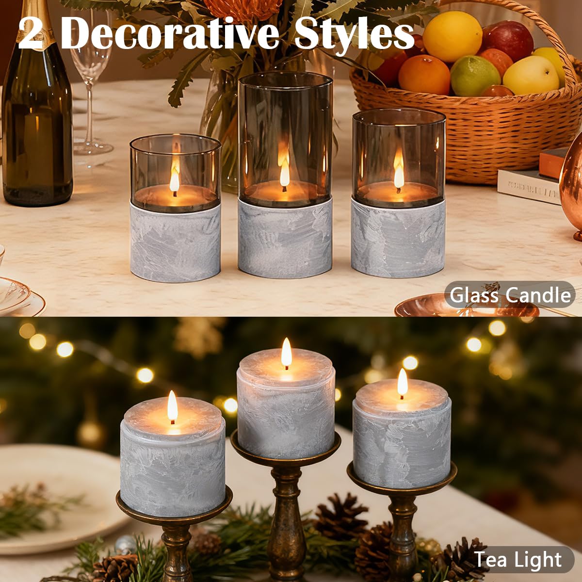 LEDHOLYT Rechargeable Marble Flameless Candles, Gray Glass LED Pillar Candle with Remote & Timer,Decorative Candles for Living Room, Bedroom, Holiday Décor & Gifts for Women,Set of 3