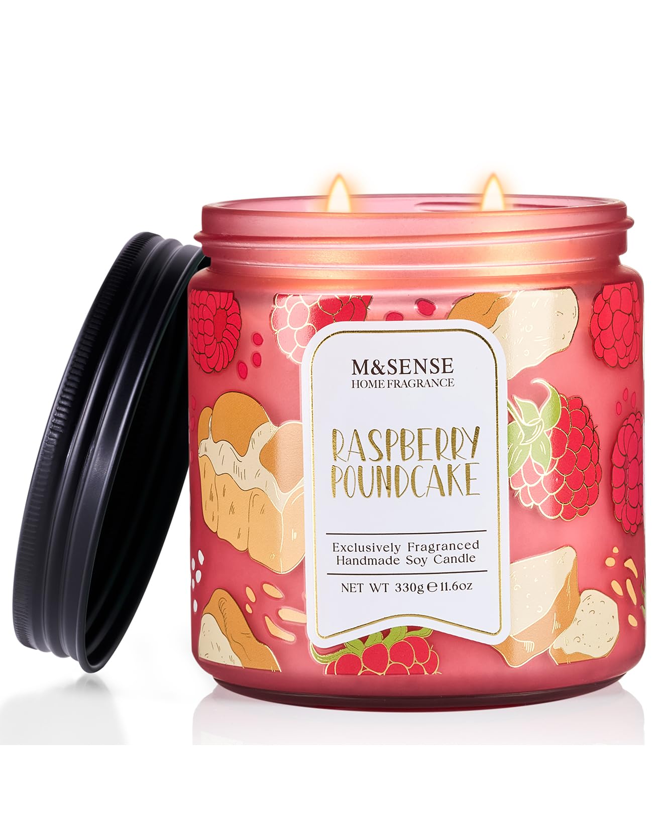 M&SENSE Raspberry Pound Cake Scented Candle 11.6oz, Natural Soy Wax Double Wick, 70H Burn Time for Bedroom Relaxing, Holiday Home Decor, Gift-Ready for Women