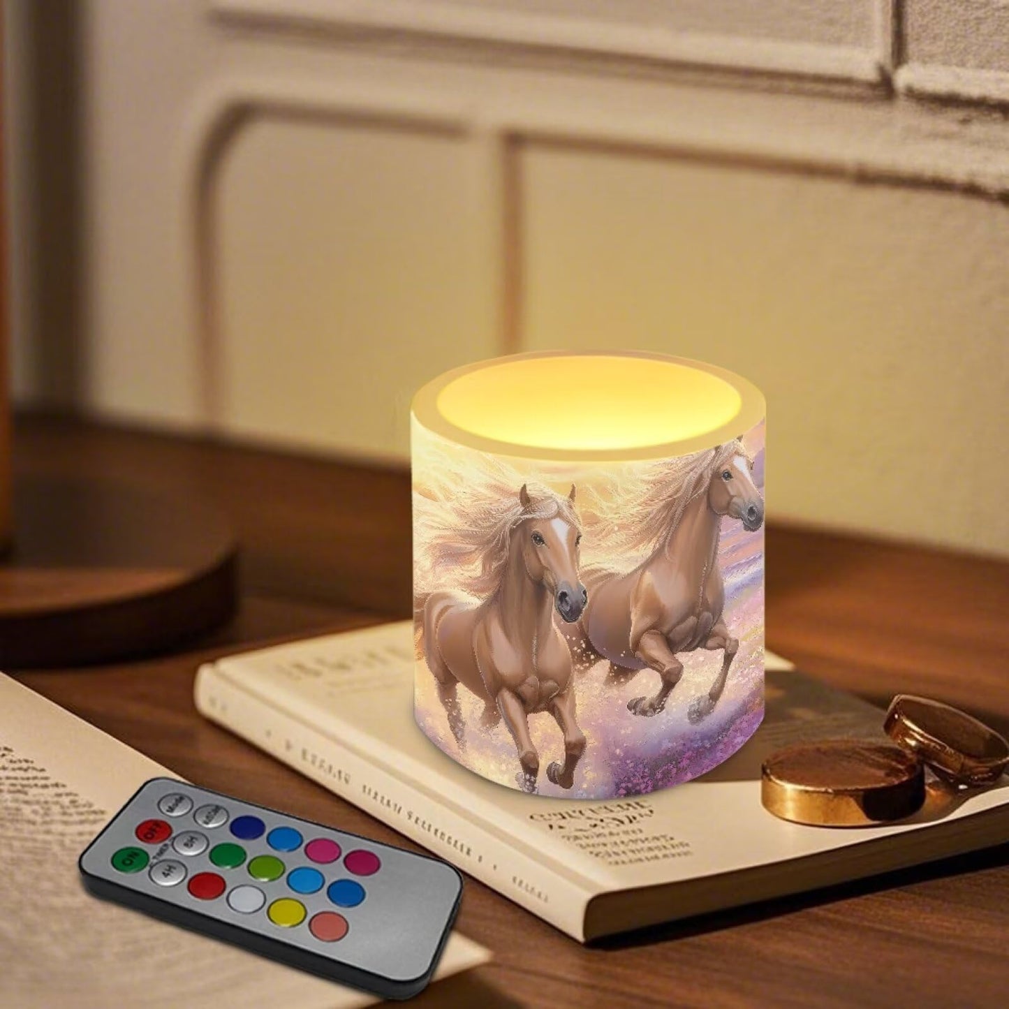 NETILGEN Running Horse Print Flickering Flameless LED Candles Pack of 4 Color Changing Battery Operated LED Pillar Candles with Remote Timer Control