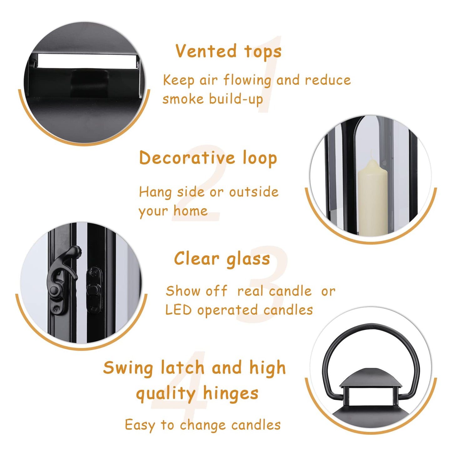 Bdor 2 Pack Luxury Black Metal Lanterns – 16" Tall Modern Hurricane Candle Lanterns with Tempered Glass Panels for Front Porch, Tabletop, Mantel, Wall Hanging, Garden, Indoor & Outdoor Décor