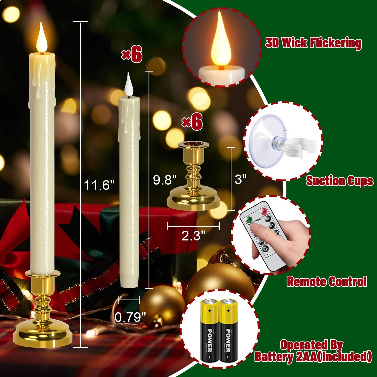 DRomance Christmas Flameless Window Taper Candles Battery Operated with Remote and Timer, 6 Pack Ivory Plastic Dripping LED Flickering Candles with Suction Cups Holiday Indoor Decor(Gold Holders)