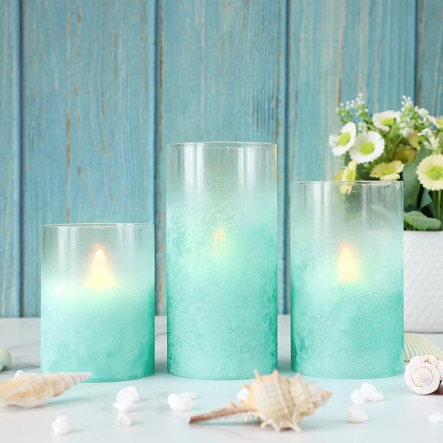 FLAVCHARM Blue Flameless Candles with Remote Aqua Glass Handmade Sandblast Battery Operated Candles Flickering Decorative LED Pillar Candles for Home Bathroom Coastal Theme Wedding Decorations