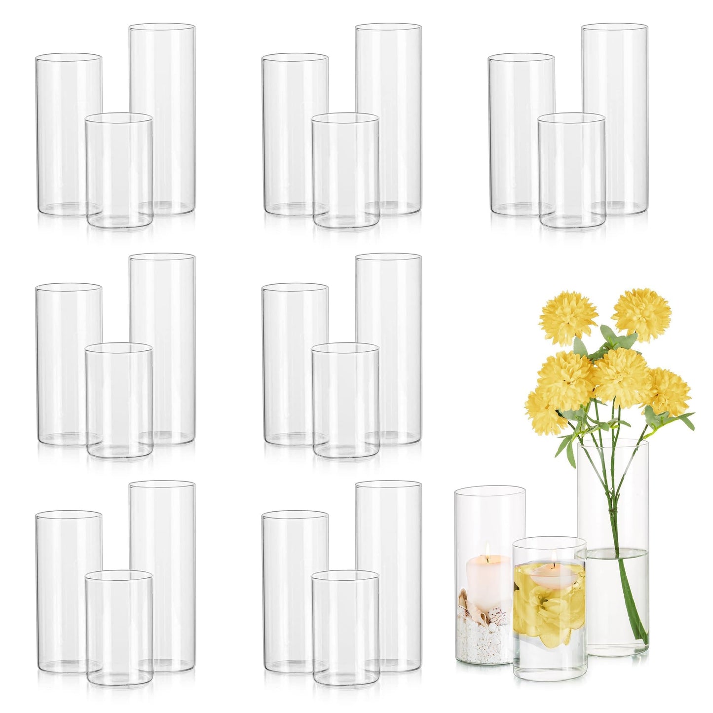 Glasseam Clear Cylinder Vases Set, 24Pcs Glass Vases for Centerpieces Bulk, Modern 2" Floating Candle Centerpieces for Decor, Hurricane Candle Holders for Wedding Table Decorations, Tall 4"+6"+8"