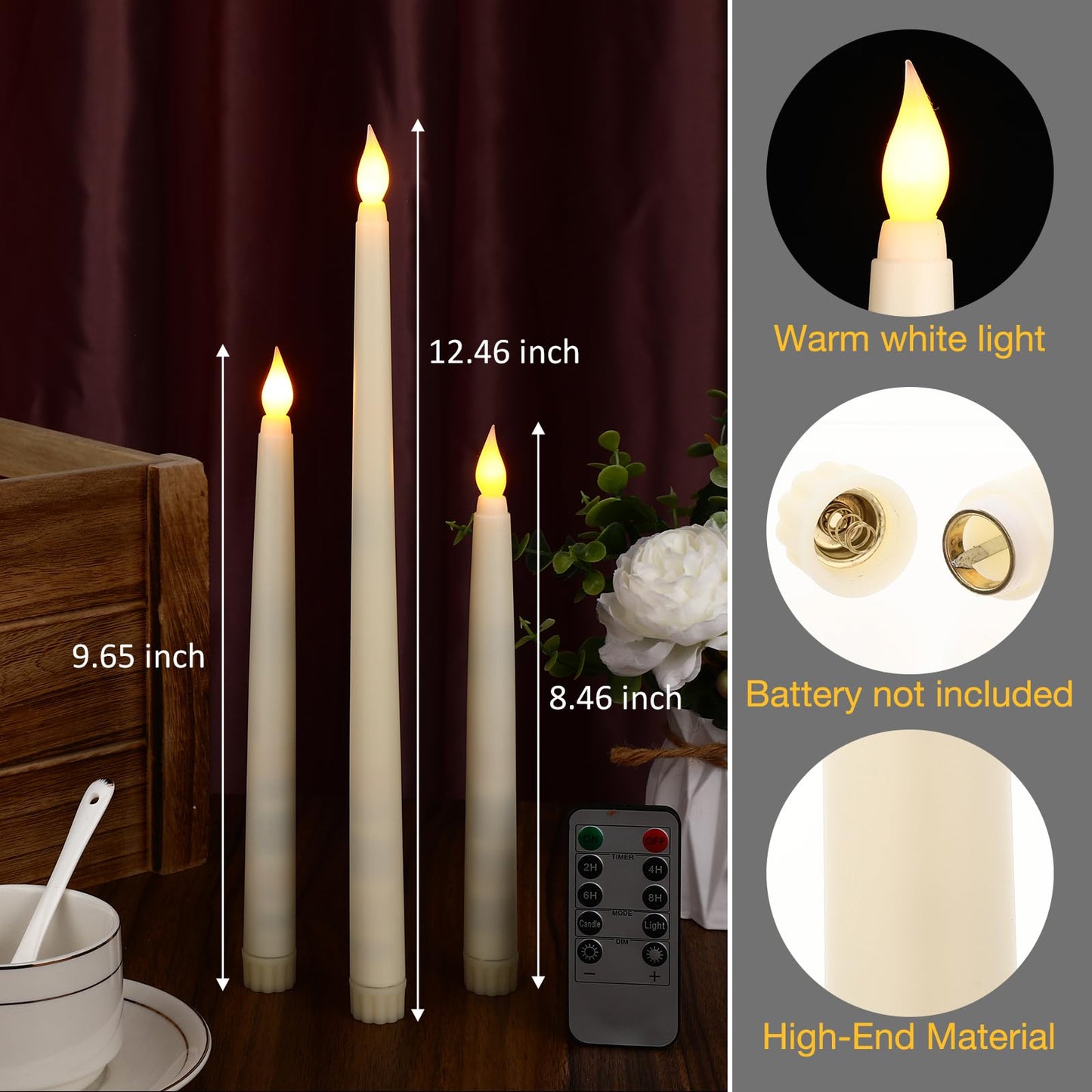 Tuanse 24 Pack 24 Pack Flameless Flicker Taper Candles Bulk with Remote and Timer, Battery Operated LED Warm White Taper Candles Light for Home Wedding Decoration Gifts (Beige,8 Inch)