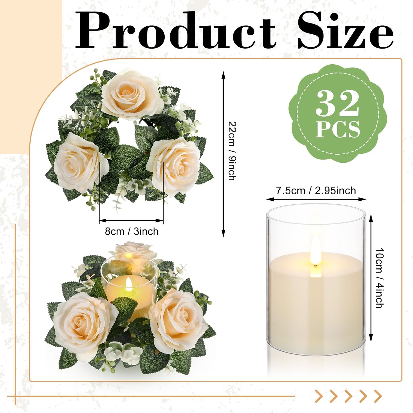 Yunlly 32 Pcs Rose Candle Rings with Flameless Candles Sets, Artificial Flower Eucalyptus Wedding Centerpiece 3 Inch Pillar Candleholders Wreaths for Wedding Party Mother's Day (Champagne)