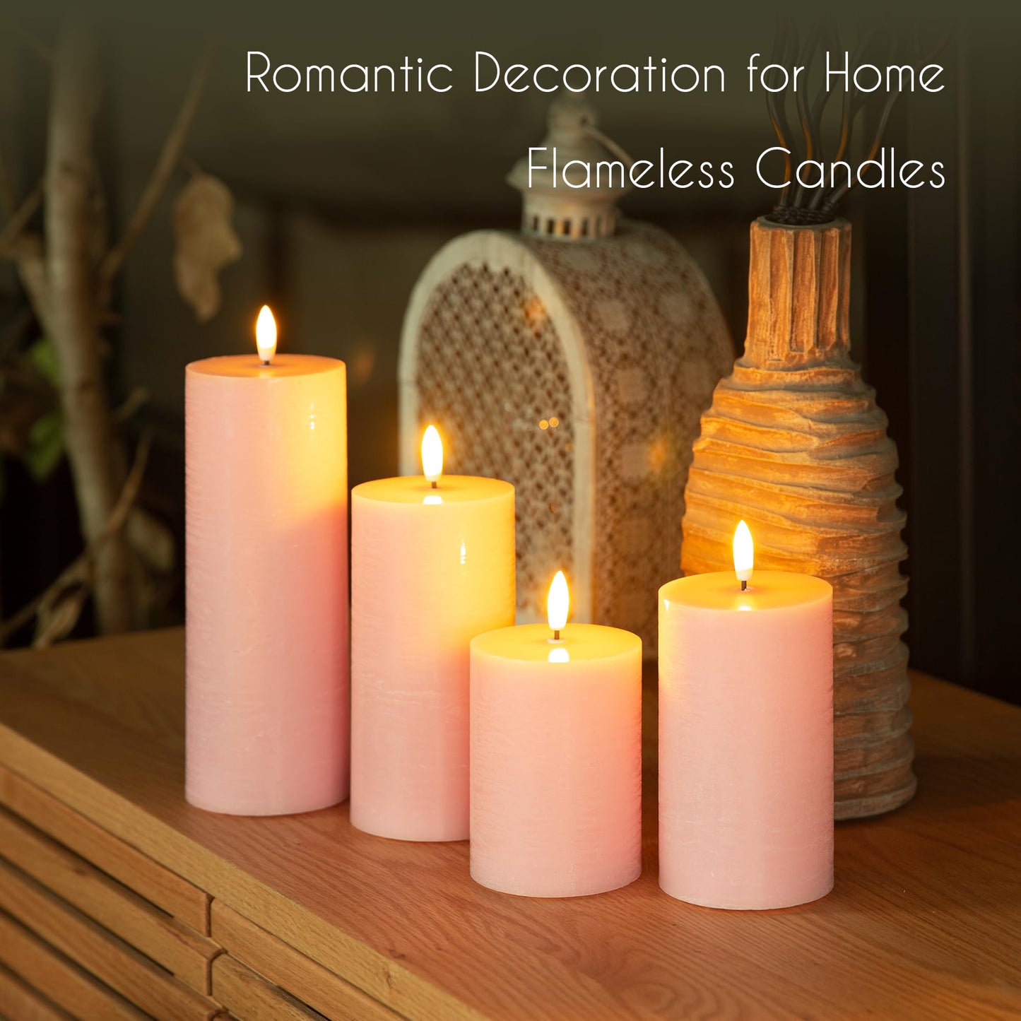 LUSHARBOR Flameless Candles, 4 Pack Battery Operated Candles with Remote, Real Wax LED Fake Candles with Timer Flickering for Christmas Wedding Home Party D3 H 5" 6" 7" 9" Pink