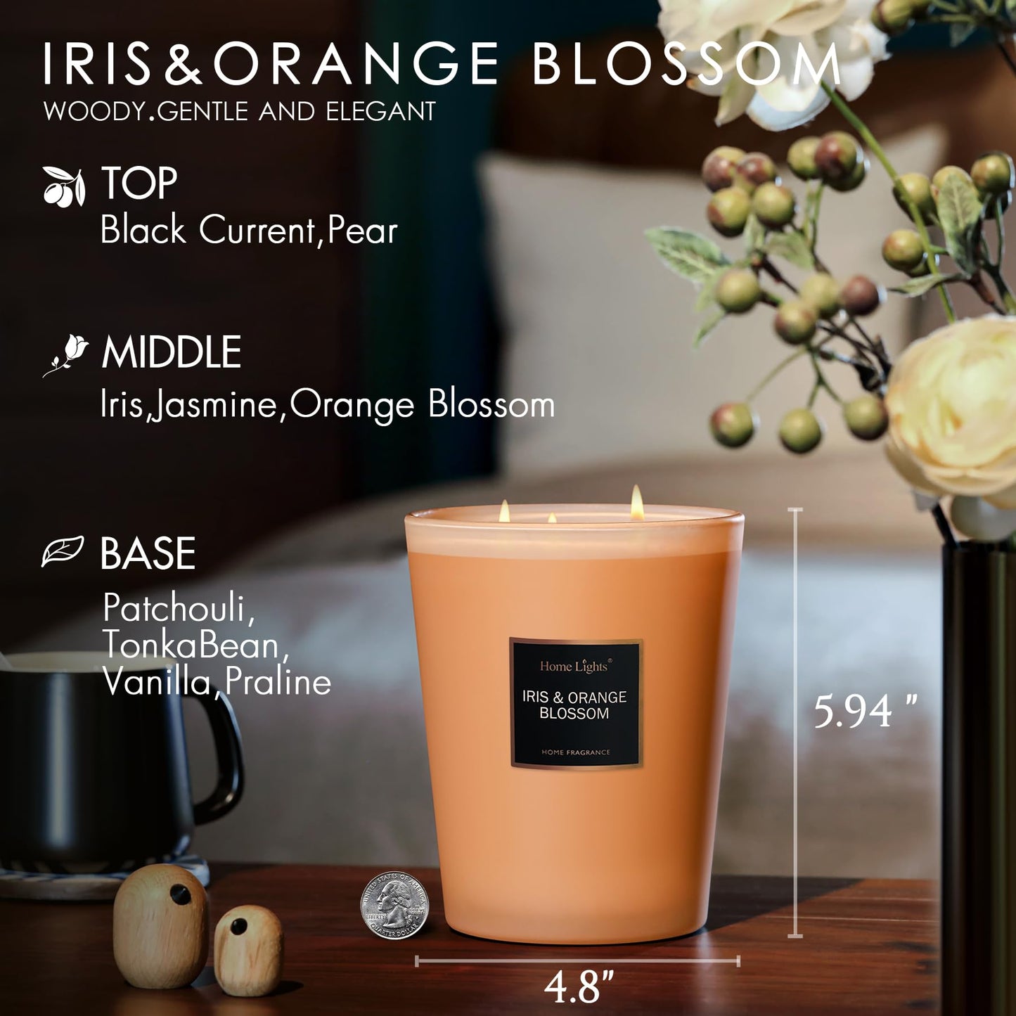 HomeLights Scented Candles | Large Jar Candle-33.3 Oz. Natural Soy Aromatherapy Candles | Up to 130 Hours Burn Time with 3 Cotton Wicks, Home Decorative Fragrance Candle Gift - Iris & Orange Blossom