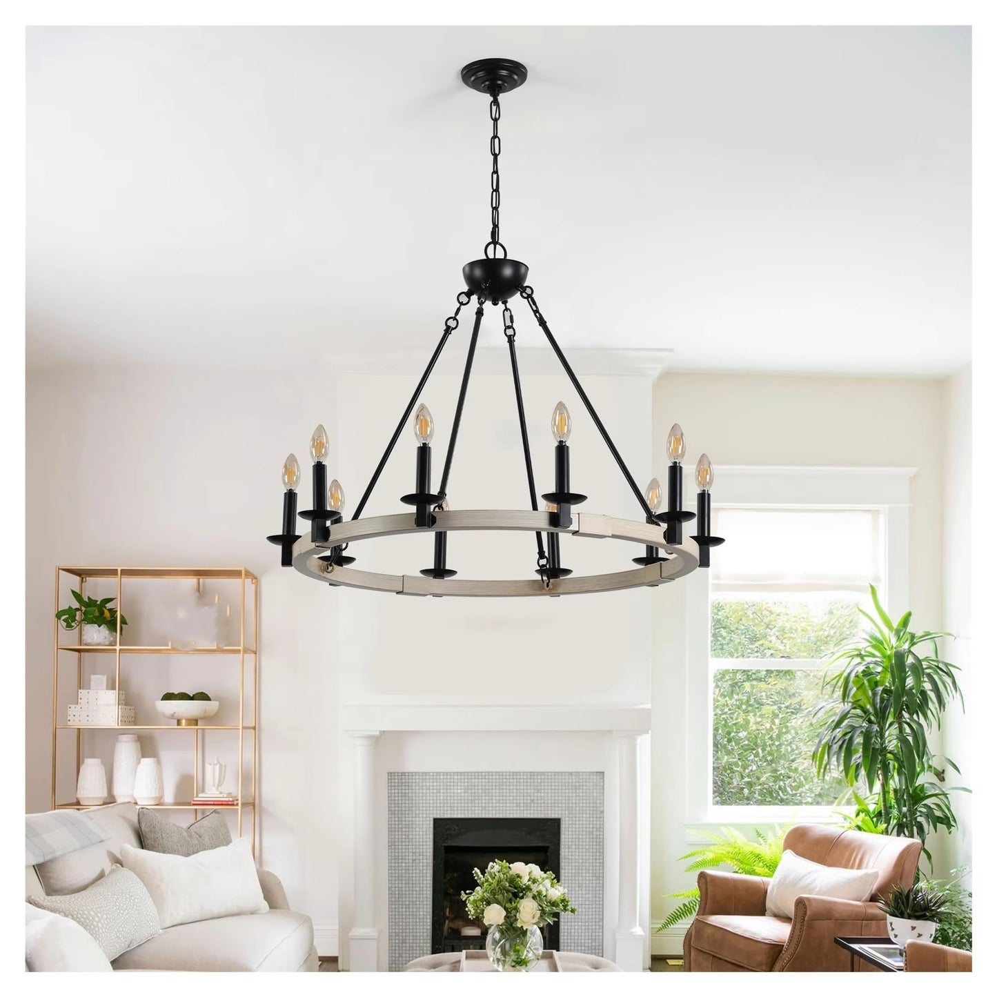 Rustic Farmhouse 10-Light Candle Chandelier, Black Metal and Wood Round Hanging Light Fixture, Adjustable Height,Comfortable Lighting