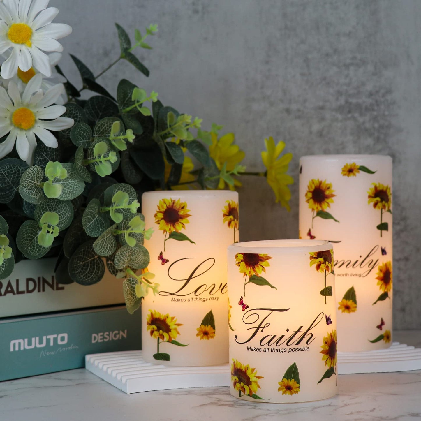 DRomance Sunflower Flameless Flickering Candles with 6H Timer, Set of 3 Battery Operated White Real Wax LED Pillar Candles Party Dinner Wedding Spring Decor(3 x 4,5,6 Inches)