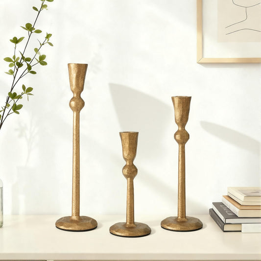 Set of 3 Antique Brass Taper Candle Holders Iron Candlestick Holder for Table Centerpieces Wedding Holiday Decor Vintage Decorative Candelabra Style Candle Stick Stand