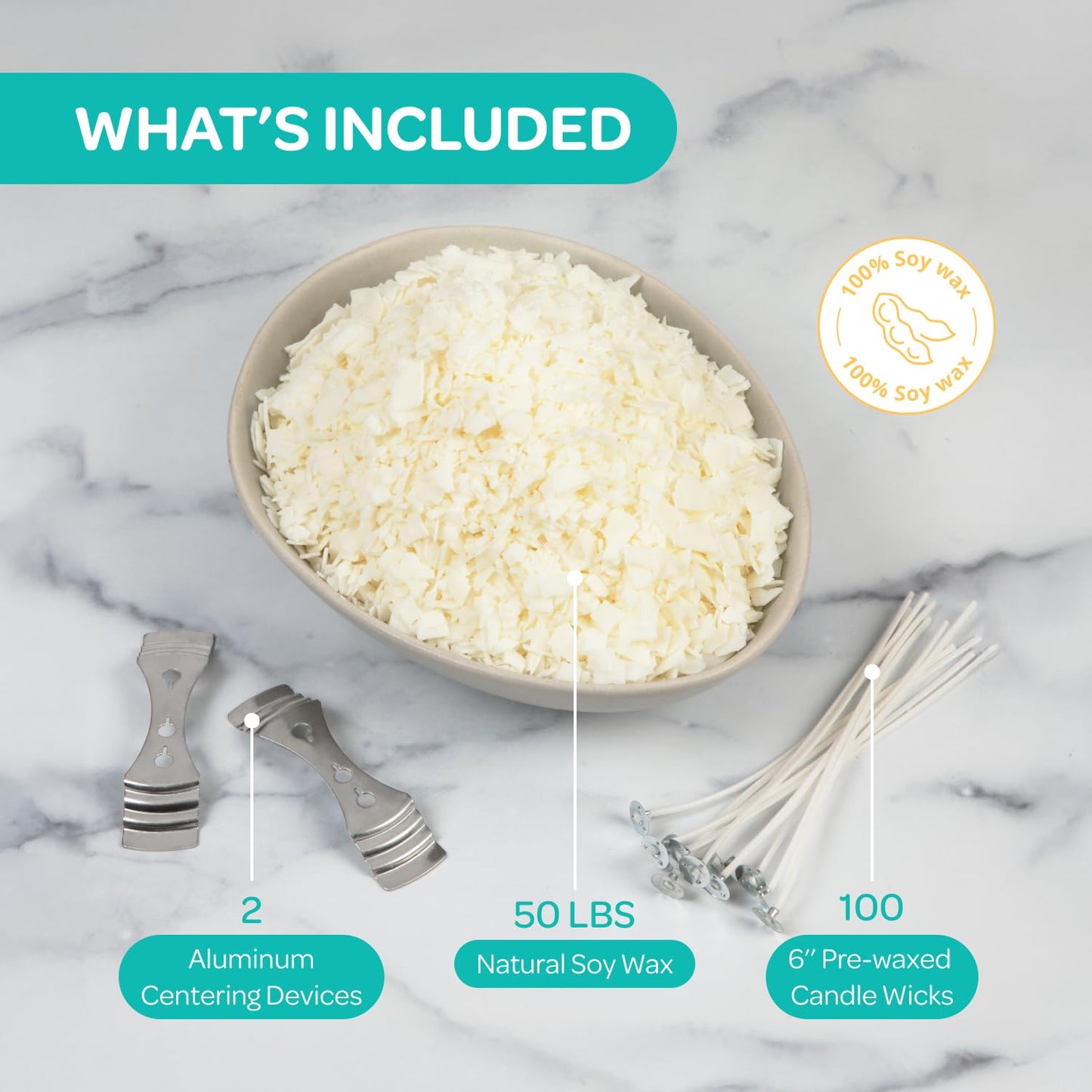 Hearts & Crafts Candle Making Kit - 50 lbs Soy Wax Flakes with 100 Pieces Pre-Waxed 6-Inch Wicks and 2 Metal Centering Devices - Premium DIY Candle Making Supplies