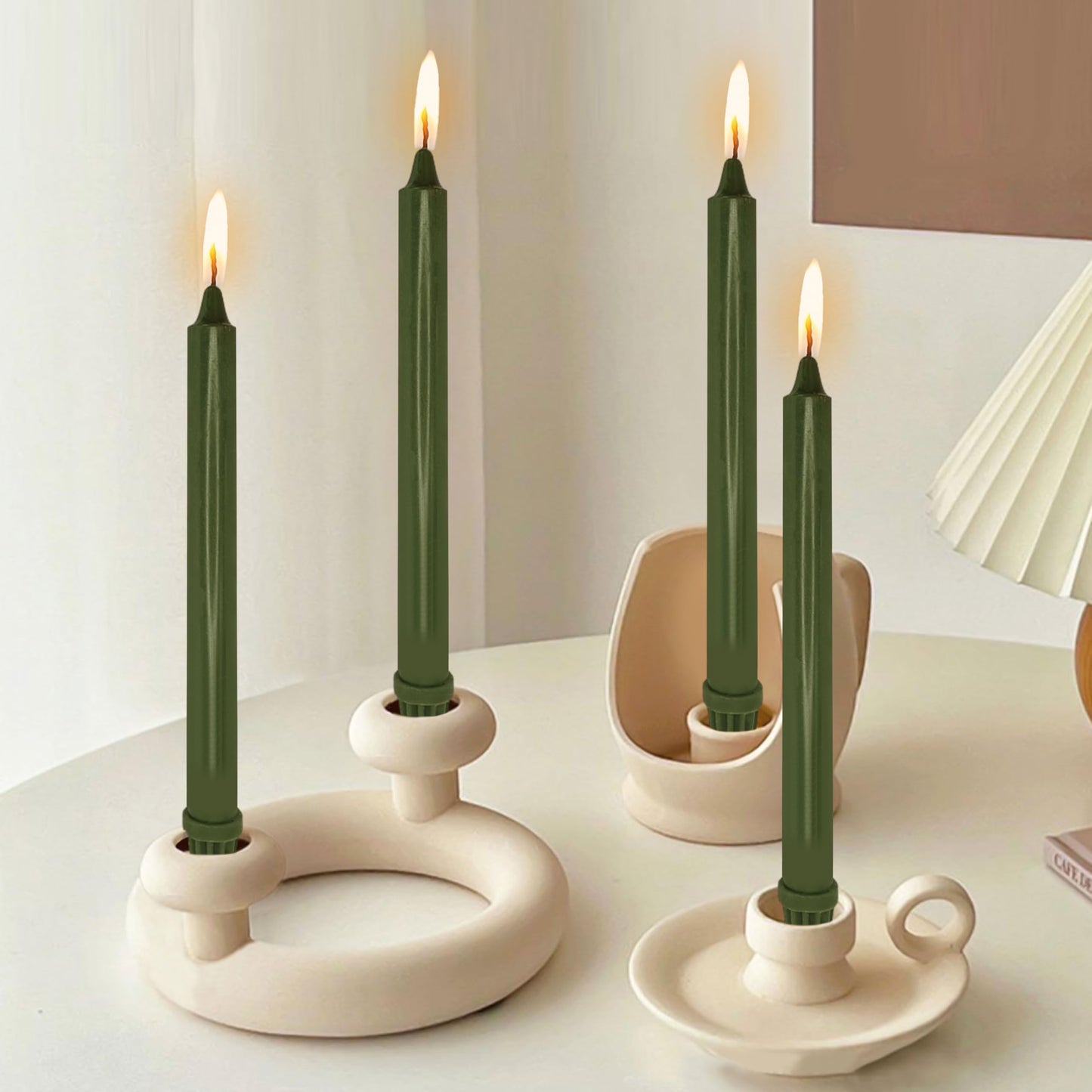 NJAO HOO Olive Green Taper Candle 10 Inch Christmas Candlesticks Unscented Dripless Handmade Candles for Home Decor Dinner New Year Party, 4 Pack