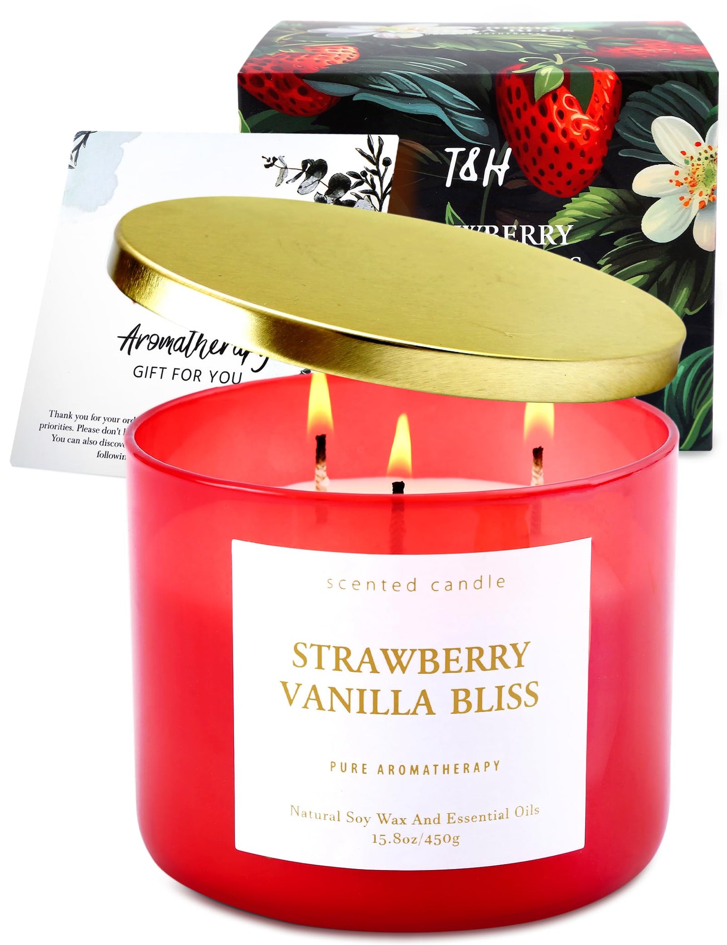 Strawberry Vanilla Bliss 3-Wick Soy Candle | 15.8 oz Large Aromatherapy Candle for Home | Clean Burn Long Lasting | Berry Vanilla Scent | Gift Ready