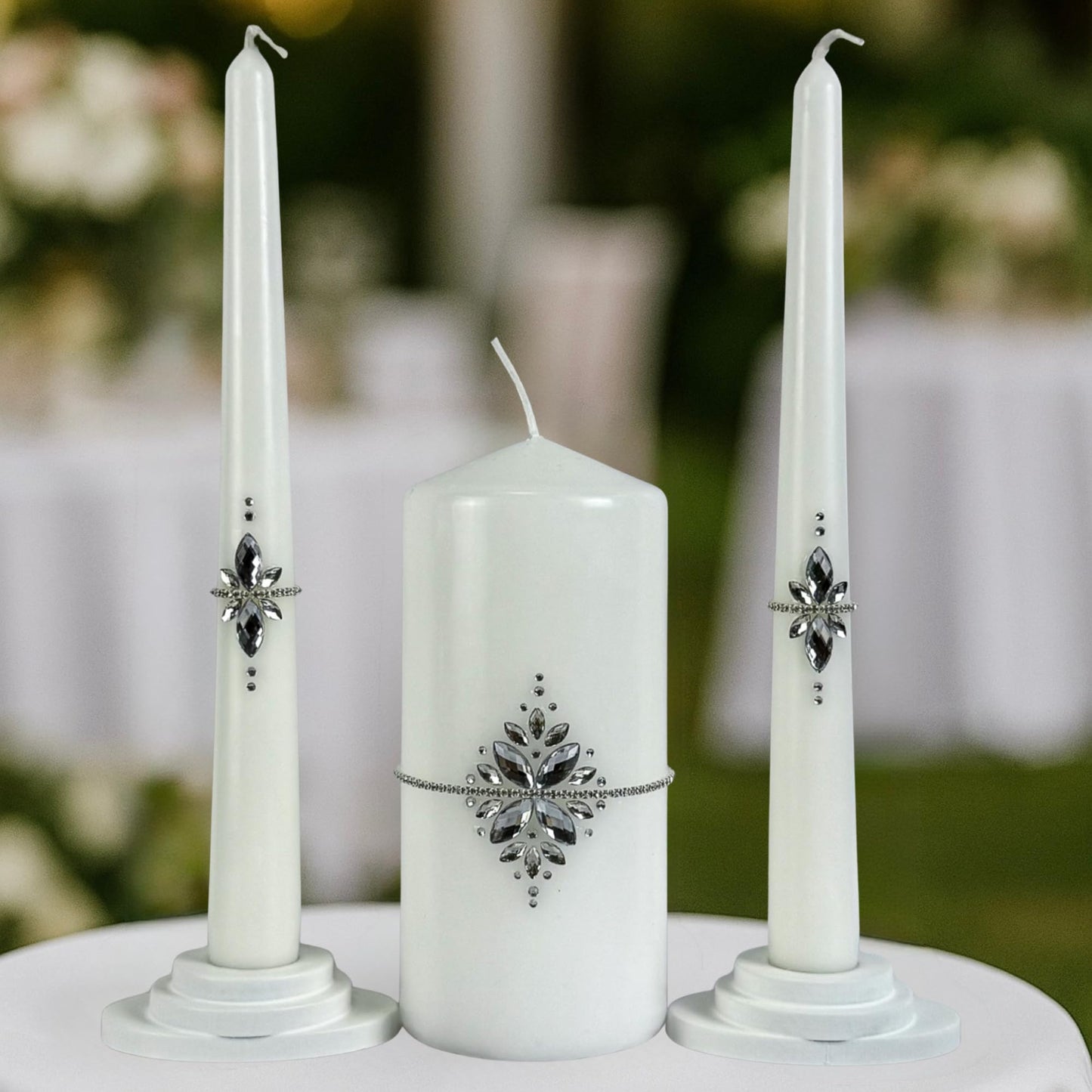 Magik Life Unity Candle Set - Wedding Ceremony & Reception – 6” Pillar & Two 10” Taper Candles – Long Burning Unity Candles for Marriage Ritual – Handmade in USA –White|Cristal|Classic