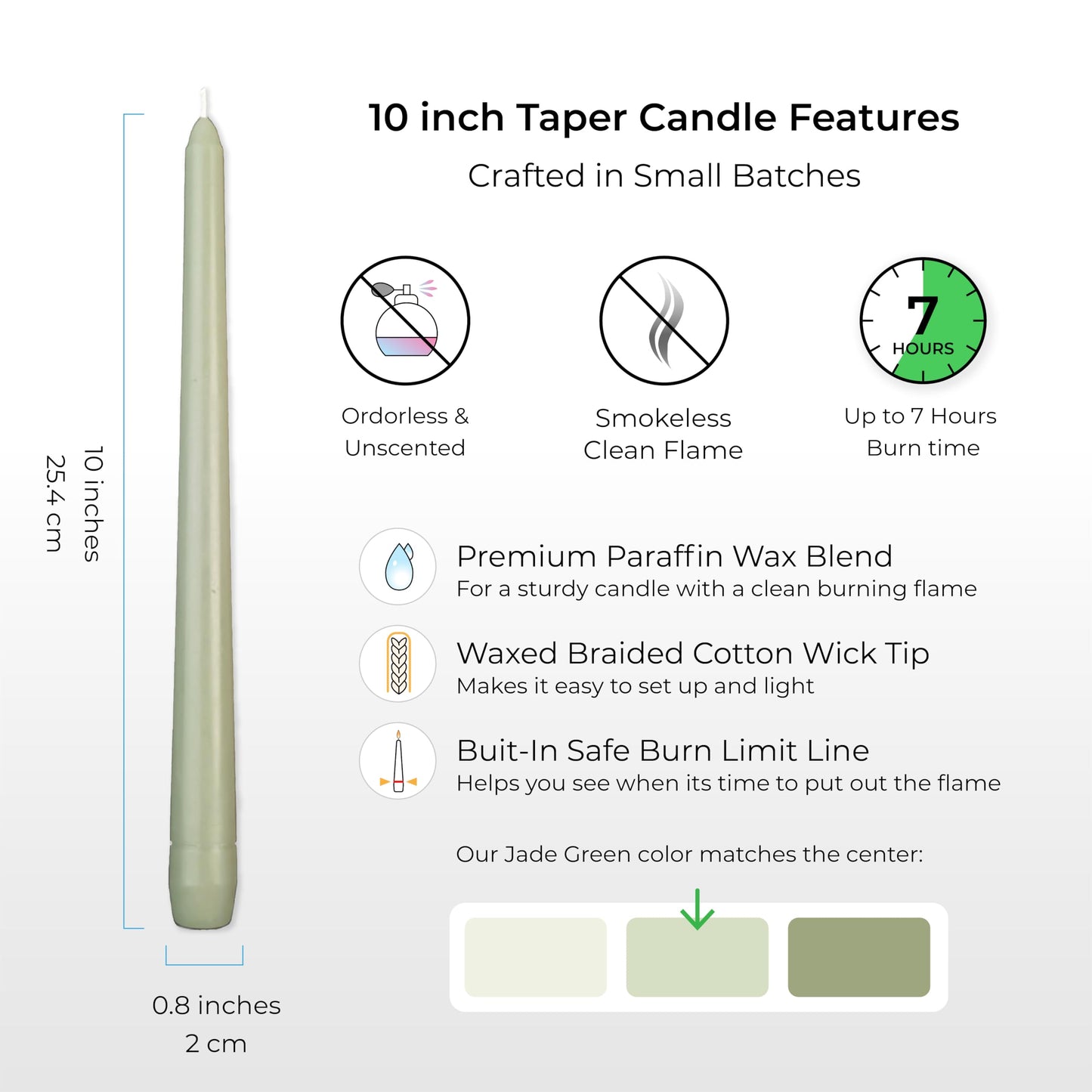 Jade Green Candles 10 Inch Tapers, 12 Pack - Unscented Dripless Dinner Candles, 7 Hour Burn Time, Premium Solid Wax Candlesticks for Weddings, Parties, Events & Home Decor.