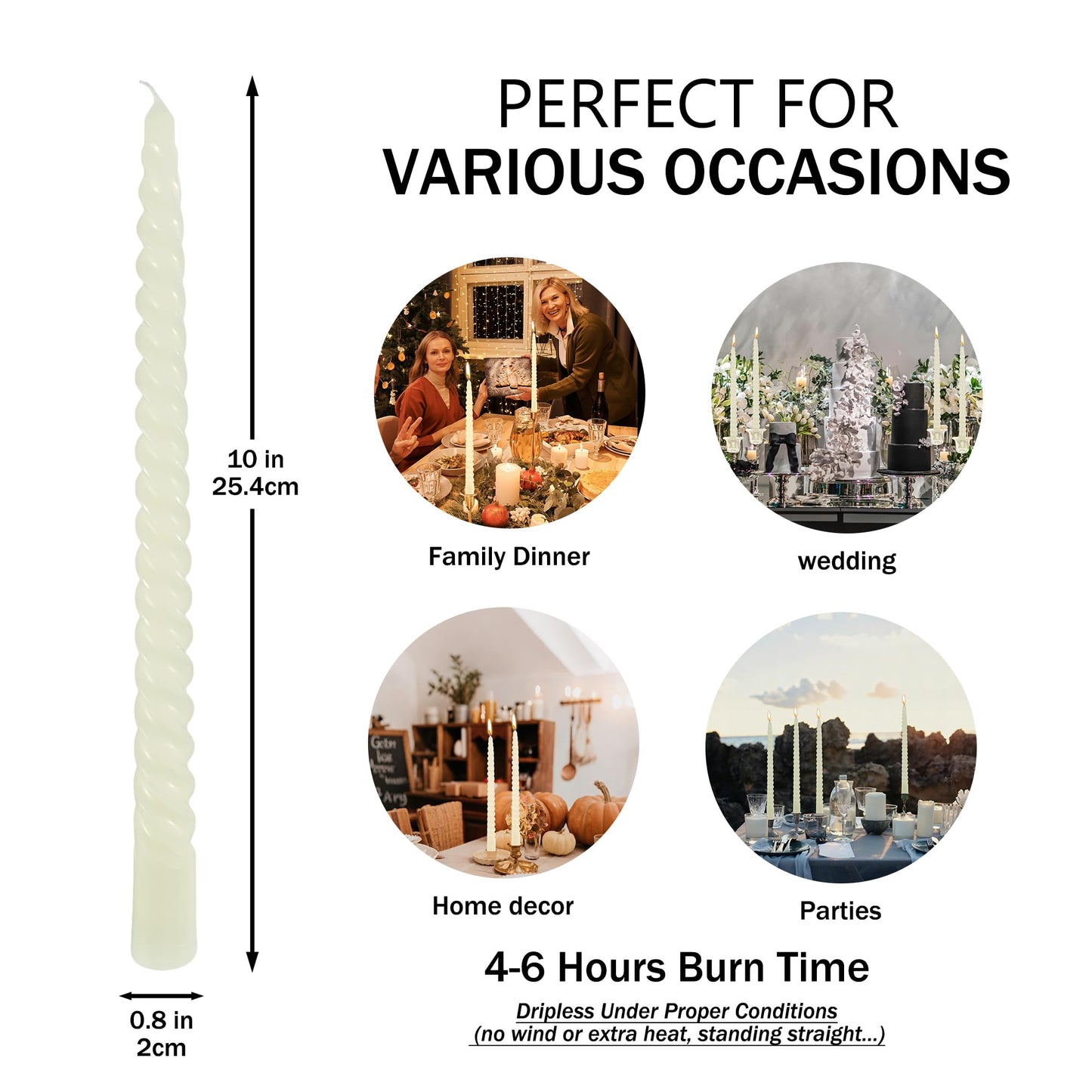 10 Inch 10Pack Ivory Spiral Taper Candle Set Long Buring Time Dripless Candlesticks for Dinner Parties Home Decoration Wedding and Shower