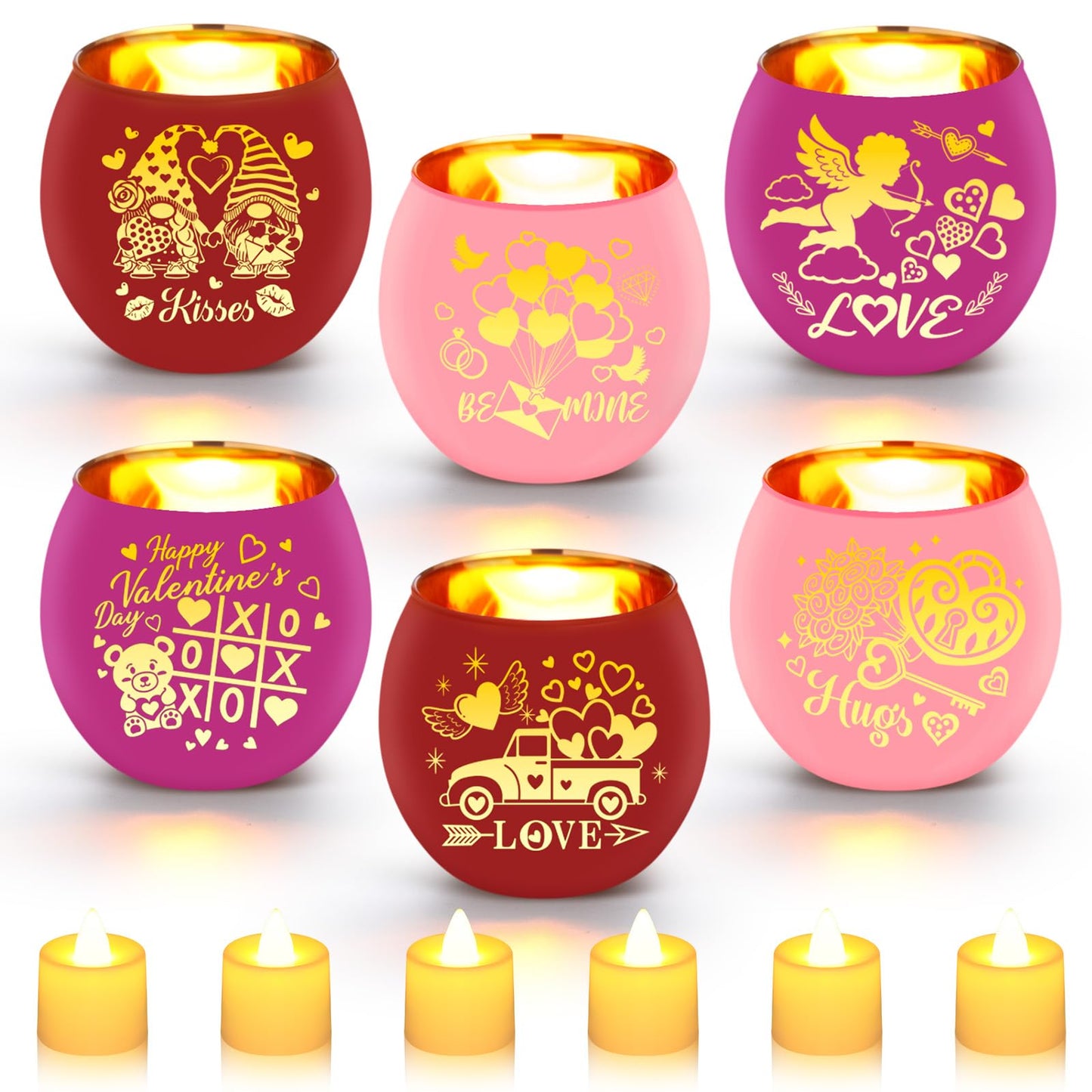 VIHOSE 6 Set Valentine's Day Tealight Candle Holders with 6 LED Battery Operated Candles Valentines Glass Tealight Holders Valentine Table Decorations for Home Table Centerpiece Decor Gifts