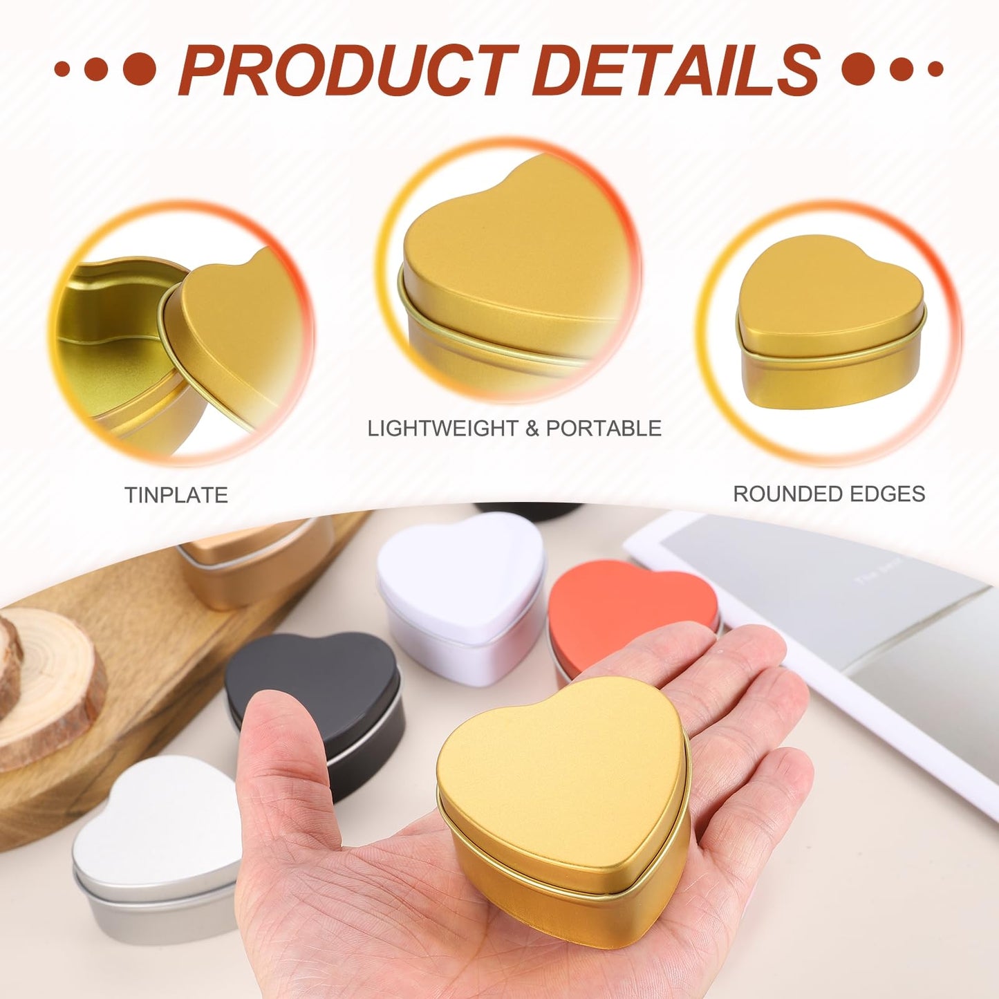 MECCANIXITY Heart Shaped Candle Tins, 2 oz Empty Metal Tin Cans Candles Containers for Candle Making Candies Gifts DIY Crafts, Gold, Pack of 8