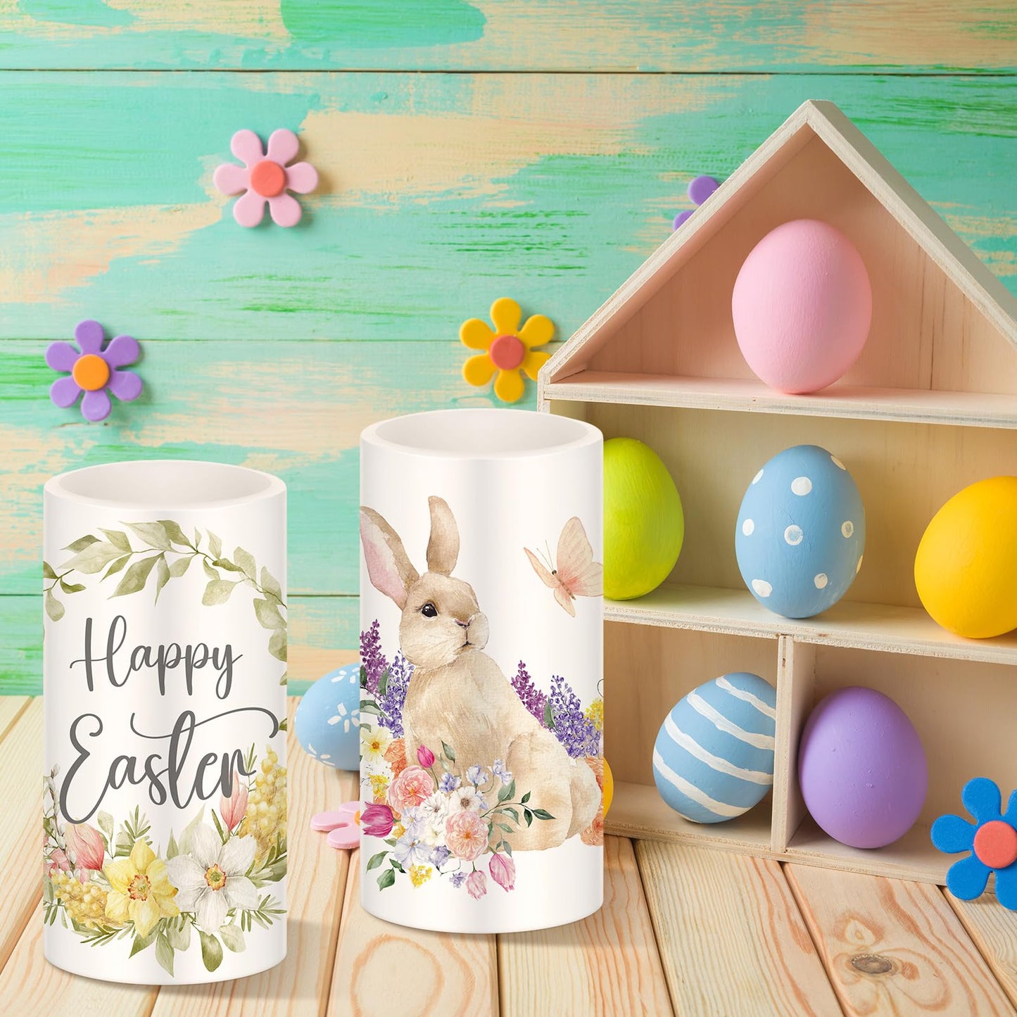 Retisee 3 Pcs Easter Flameless LED Candles Battery Operated Bunny Flower Spring Flickering Pillar Candles with Remote Rabbit Happy Easter Centerpiece for Bedroom Living Room Dinner Table Decoration