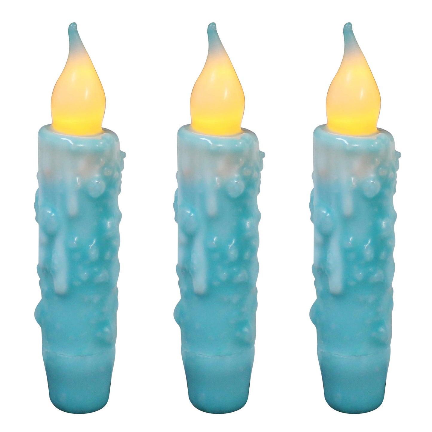 CVHOMEDECO. Real Wax Hand Dipped Battery Operated LED Timer Taper Candles Rustic Primitive Flameless Lights Decor, 4-3/4 Inch, Teal, 3 PCS in a Package