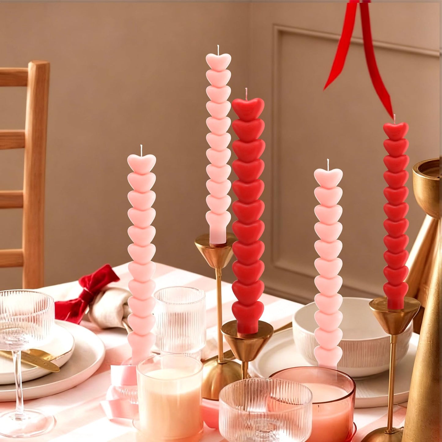 Nuanchu 6 Pcs Valentine Heart Taper Candles 10 Inch Tall Pink Red Candlestick Valentine's Day Unscented Heart Candle for Gifts Home Mantle Decor Bachelorette Wedding Party Supplies