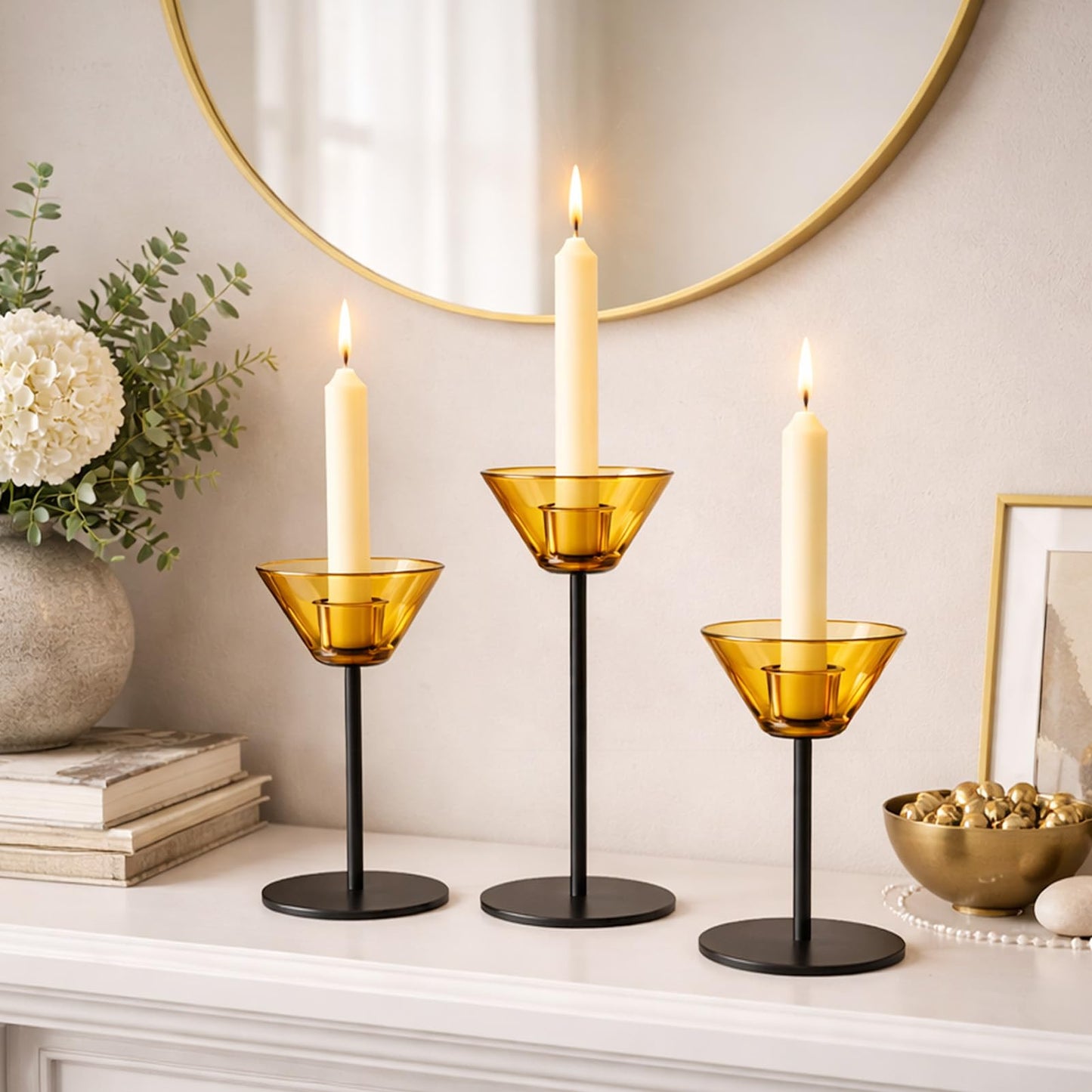 Smytle Amber‑Gold Glass Candlestick Holders with Weighted Black Metal Base, Set of 3 Amber Candle Holders for Both Taper and Tea Light Candles, Boho & Autumn Table Decor, Wedding Centerpiece