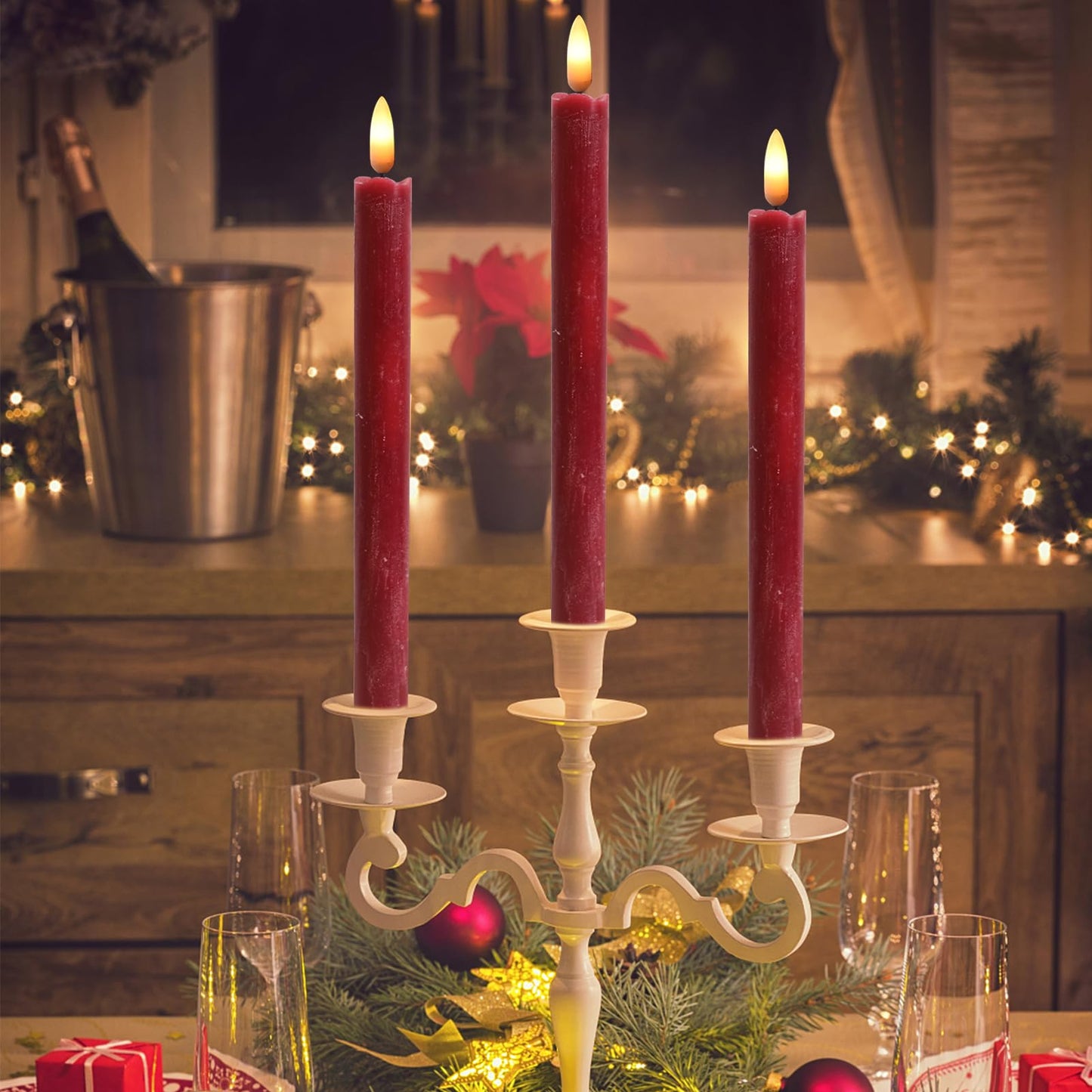 Wondise Flameless Taper Candles with Timer, 2 Pack Battery Operated Flameless Flickering Candles Real Wax Burgundy LED Candle for Christmas Wedding Dinner Decorations