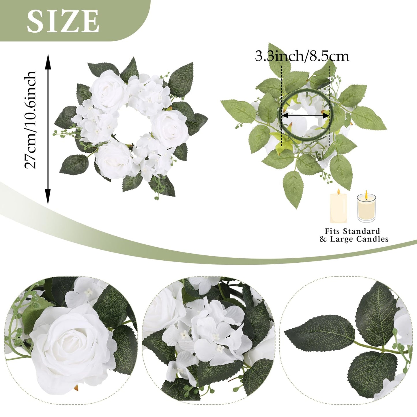 UUXX White Artificial Flowers Candle Rings Wreaths for Pillars, 4pcs Silk Roses Hydrangea Floral Candle Wreaths Rings for Table Centerpieces Wedding Valentine's Day Party Decor (White)