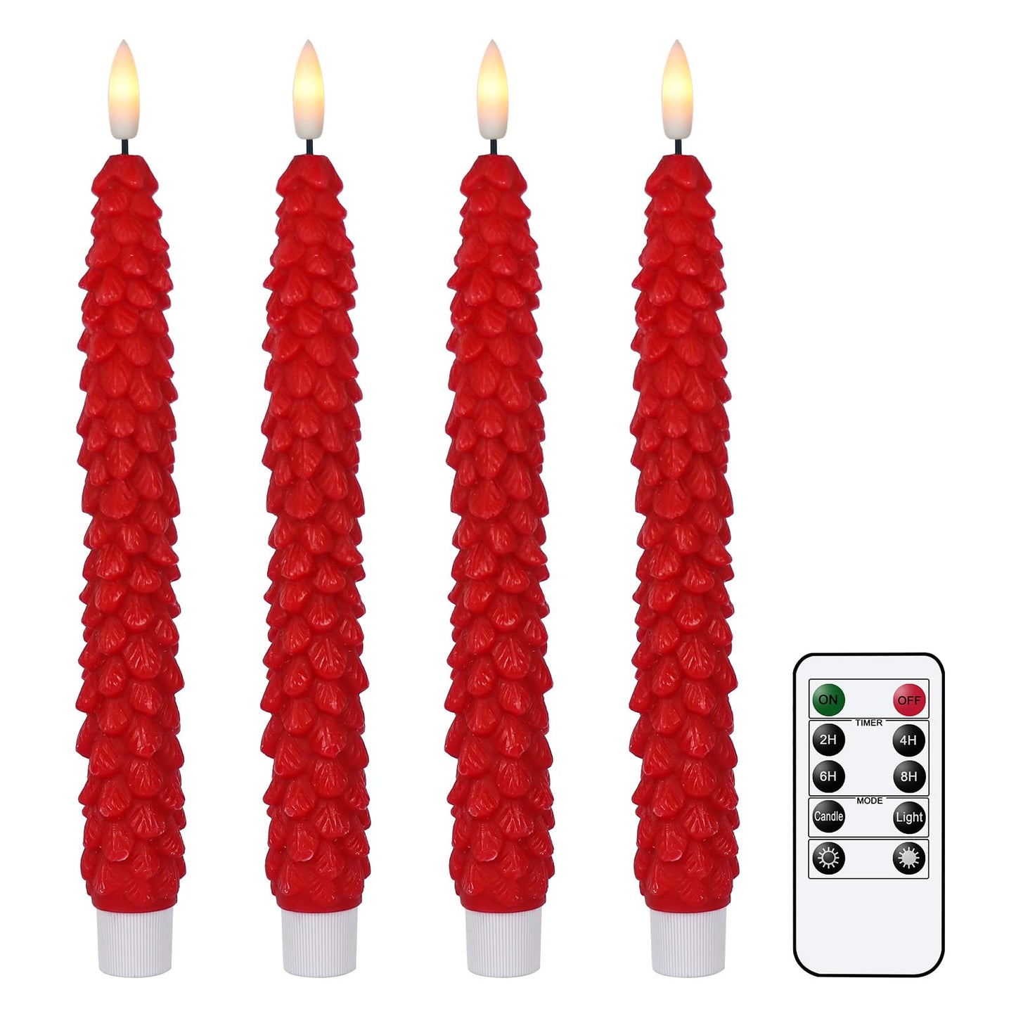 DRomance Christmas Tree Flameless Taper Candles Battery Operated with 10-Key Remote and Cycle Timer 4 Pack Real Wax 3D Wick Flickering LED Candlesticks Holiday Decor(Red, 0.79 x 9.9 Inch)