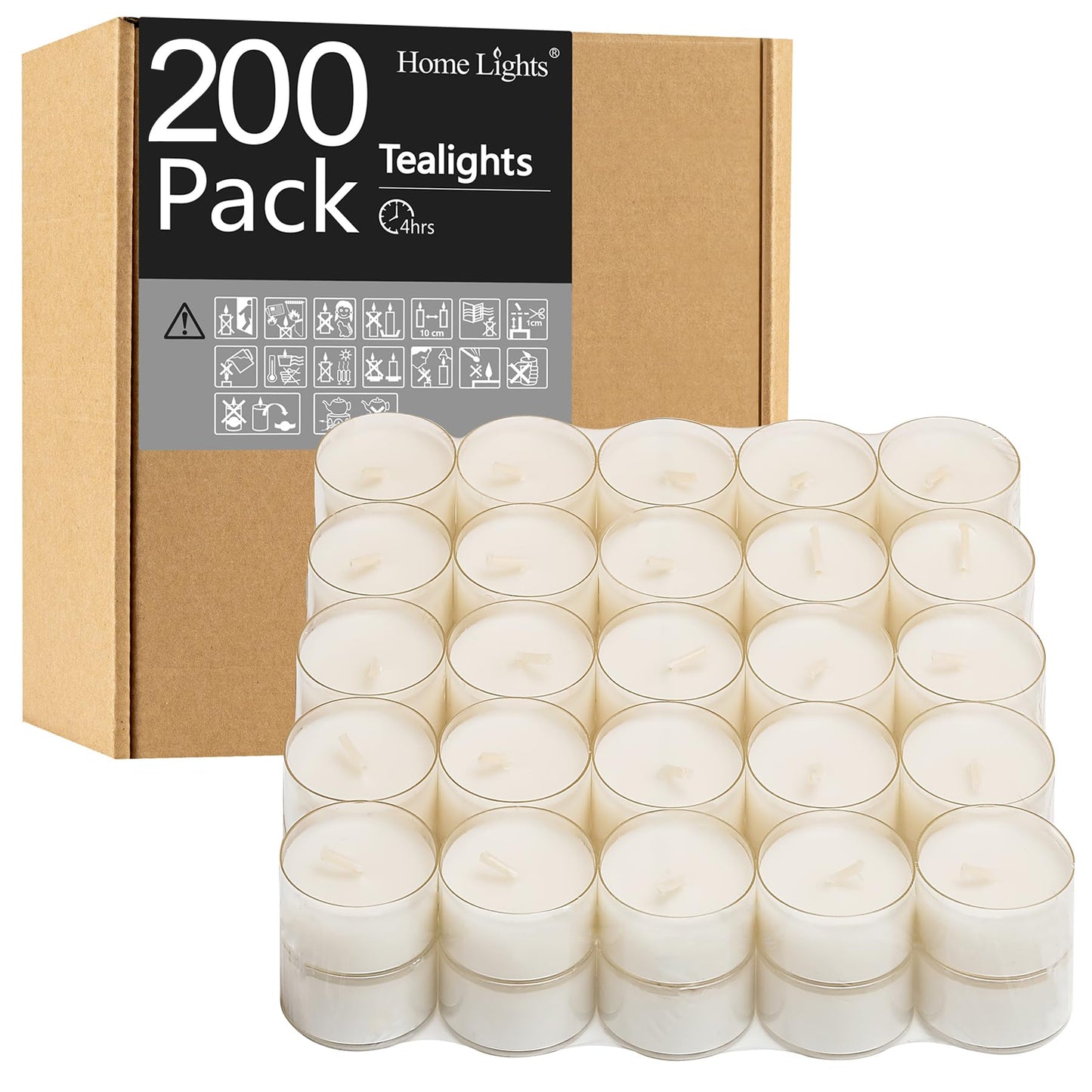 Home Lights Homelights Tea Lights Candles, Giant 100,200,300 Bulk Packs, White Unscented European Smokeless Clear Cup Tea Lights for Shabbat, Weddings, Christmas, Home Decorative- 200 Pack
