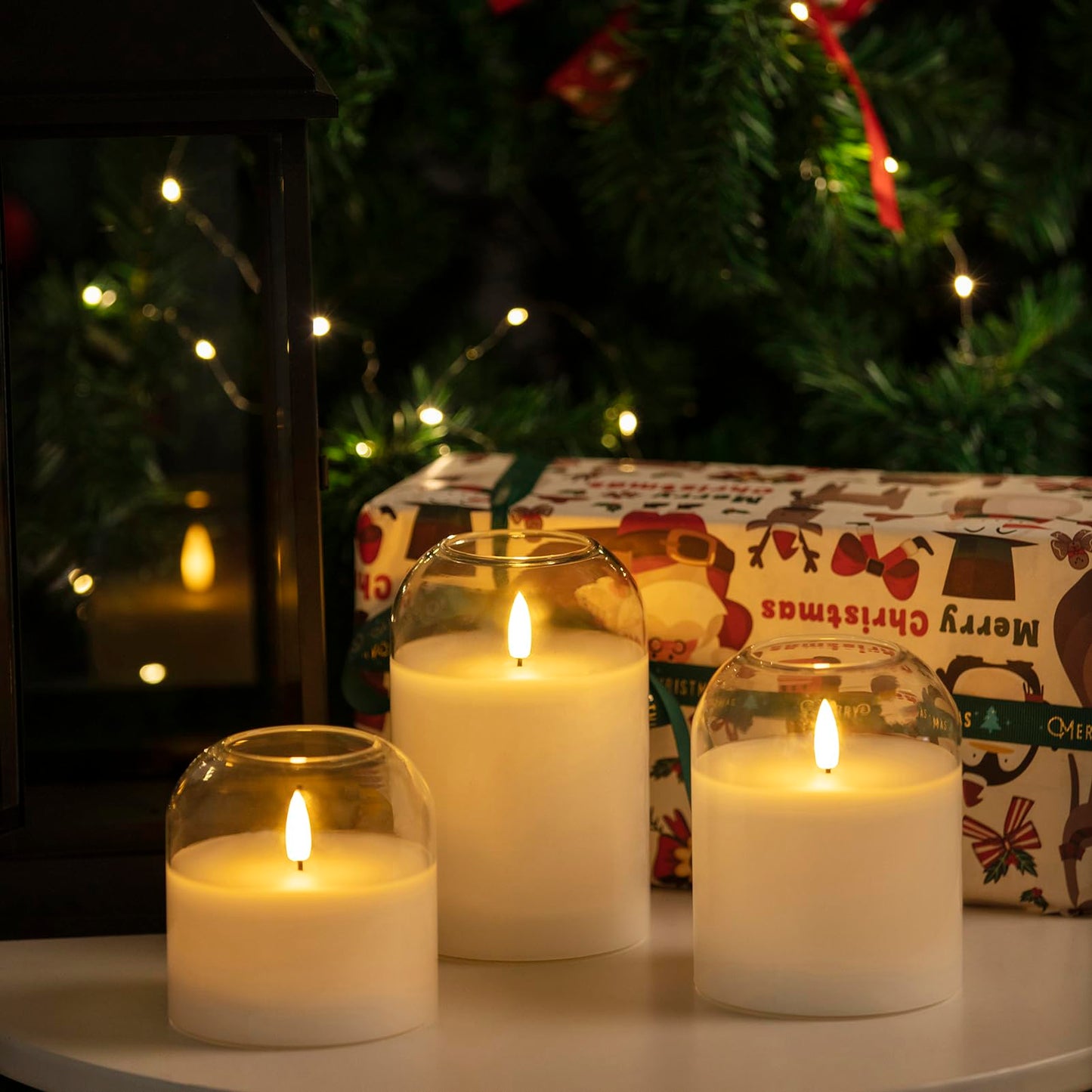 volnyus Clear Glass Flameless Candles with Remote Battery Operated Flickering LED Pillar Candles Real Wax Wick Φ 3"" H 4"" 5"" 6"", Gold