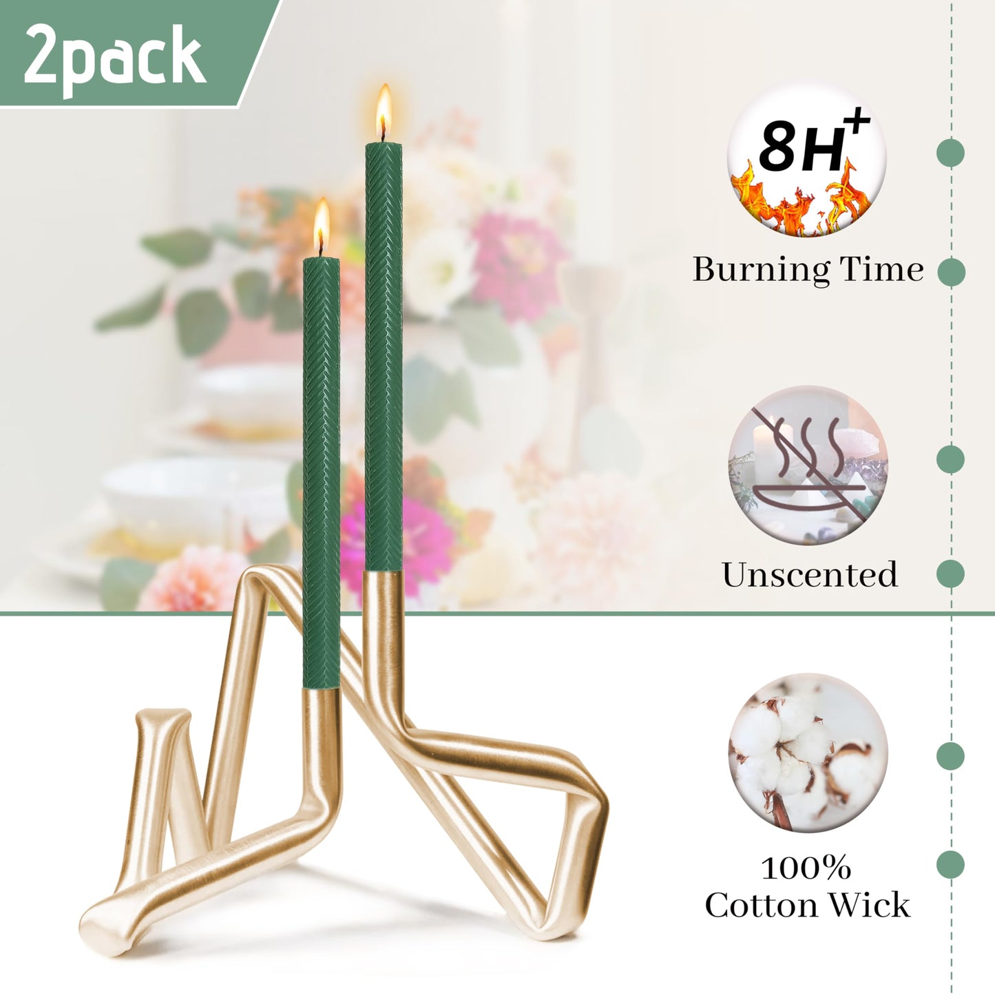 10 Inch Texture Taper Candle Dark Green Unscented Twisted Candlesticks Smokeless Long Candle Stick Handmade for Wedding Dinner Home Decor Creative Gifts 2 PCS