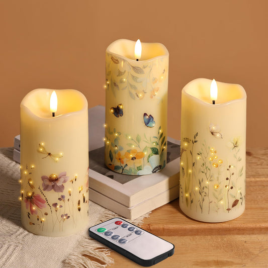 Eywamage Fiber Optic Flameless Pillar Candles with Remote Set of 3, Butterfly Floral Spring LED Candles Battery Operated Gift Φ 3" H 6"