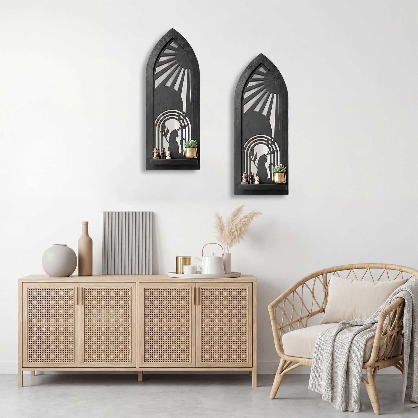 ZEXUIRU 2 Set Rustic Candle Sconces Living Room Bedroom Entryway Wood Mirrored, Farmhouse, Carved Frame Wall-Mount Wooden Candle Holders Wall Decor Hanging Handmade Holder - Black
