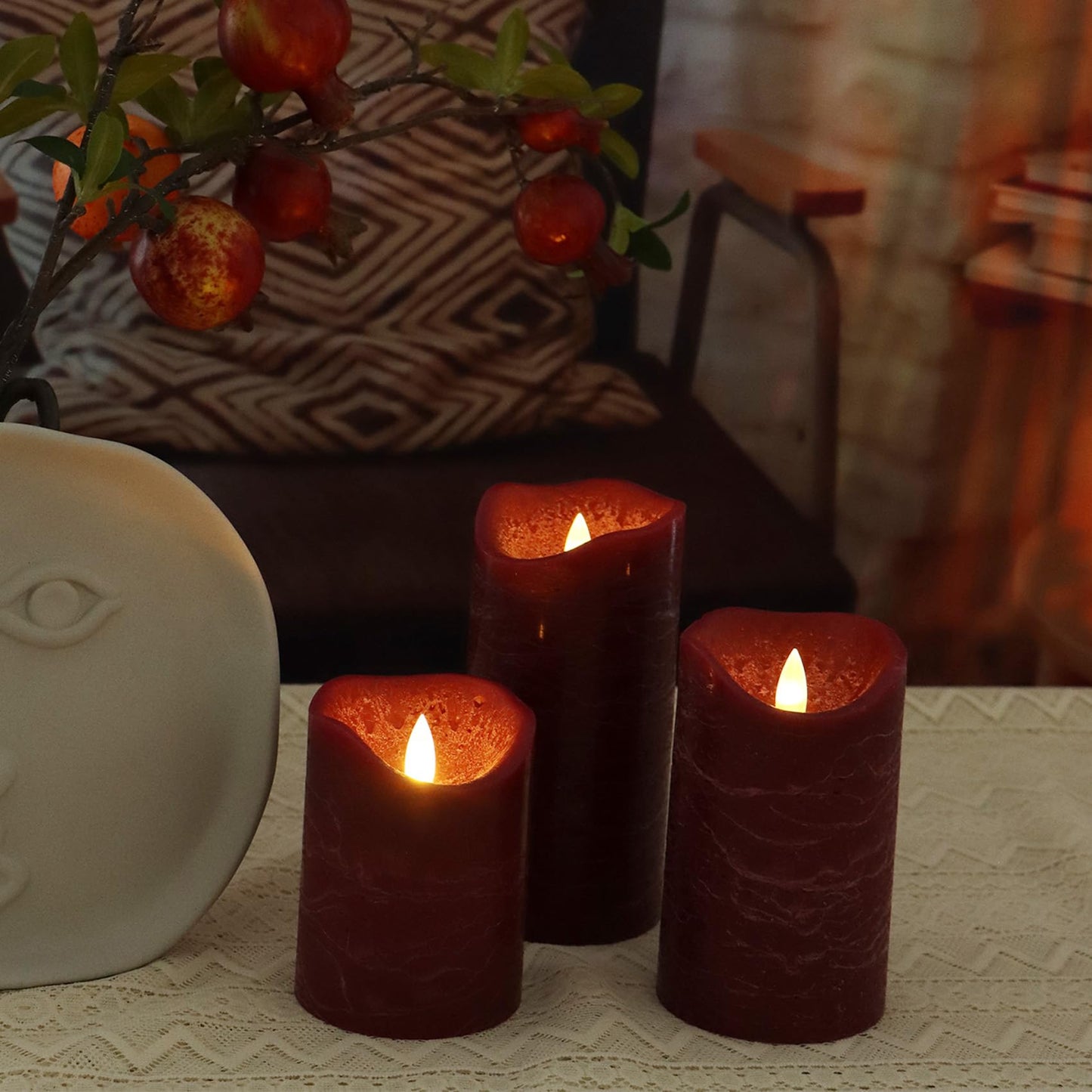EZiKitchen Flameless LED Candles Set of 3 (D 3’’ x H 4’’ 5’’ 6’’) Real Wax Battery Operated Candle with Timer Home Decorative Pillar Flickering Lights,Wedding Party Events Decor,Burgundy