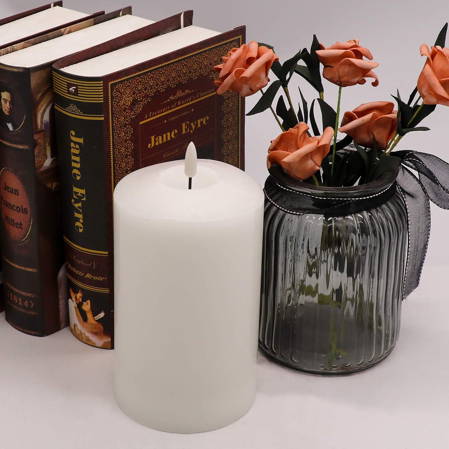 Eldnacele Large Flameless Flickering Candles White 3D Realistic Black Wick with Timer, 4” X 7.5” Battery Operated Real Wax Pillar Candles Warm White for Home Wedding Party Festival Decoration