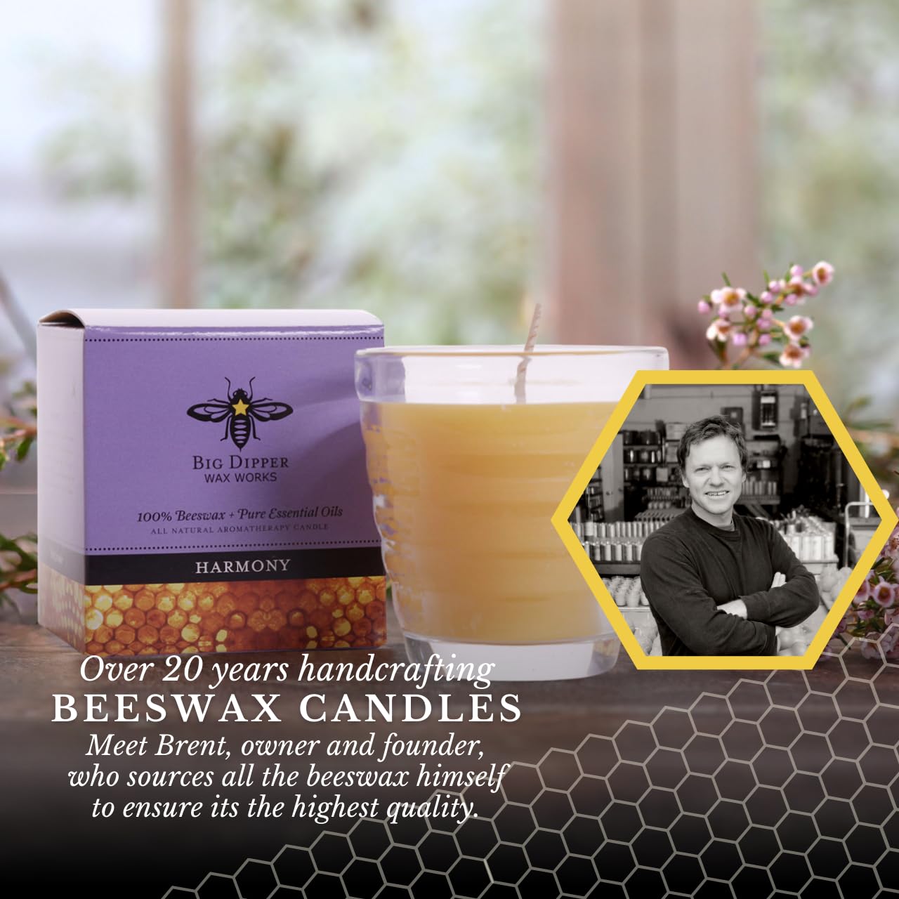 Big Dipper Wax Works Beeswax Aromatherapy Candle, Harmony - Pure Lavender Essential Oil, Beehive Glass, 100% Natural Beeswax & Soy Wax Blend, 25-Hour Clean Burn, Relaxation & Stress Relief, 2" x 2.5"
