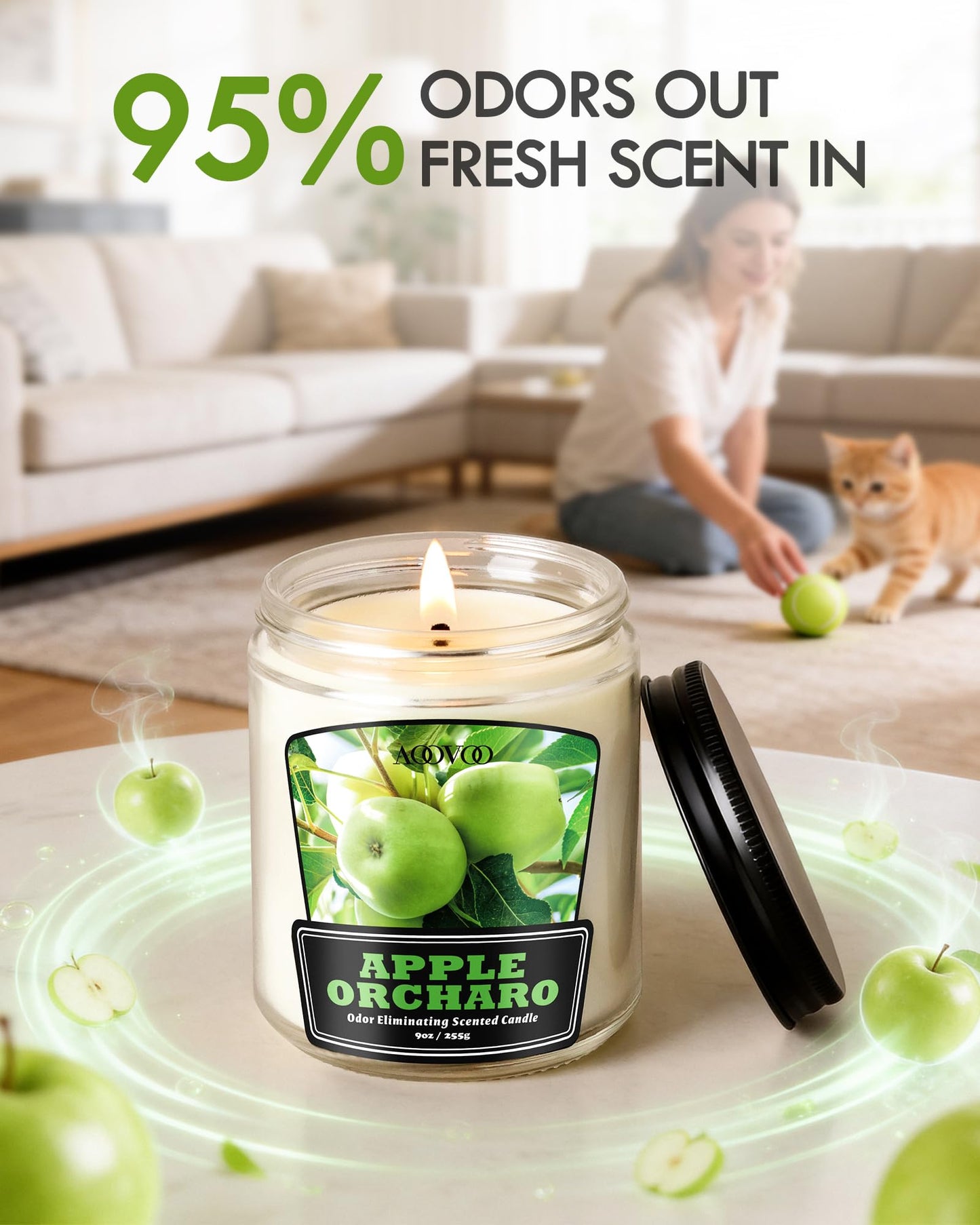 AOOVOO Apple Orcharo Odor Eliminating Candle - Up to 50 Hours Burn time, Eliminates 95% of Pet, Smoke, Food, and Other Smells Quickly, 9 oz Non Toxic Highly Fragranced Air Freshing Soy Candle