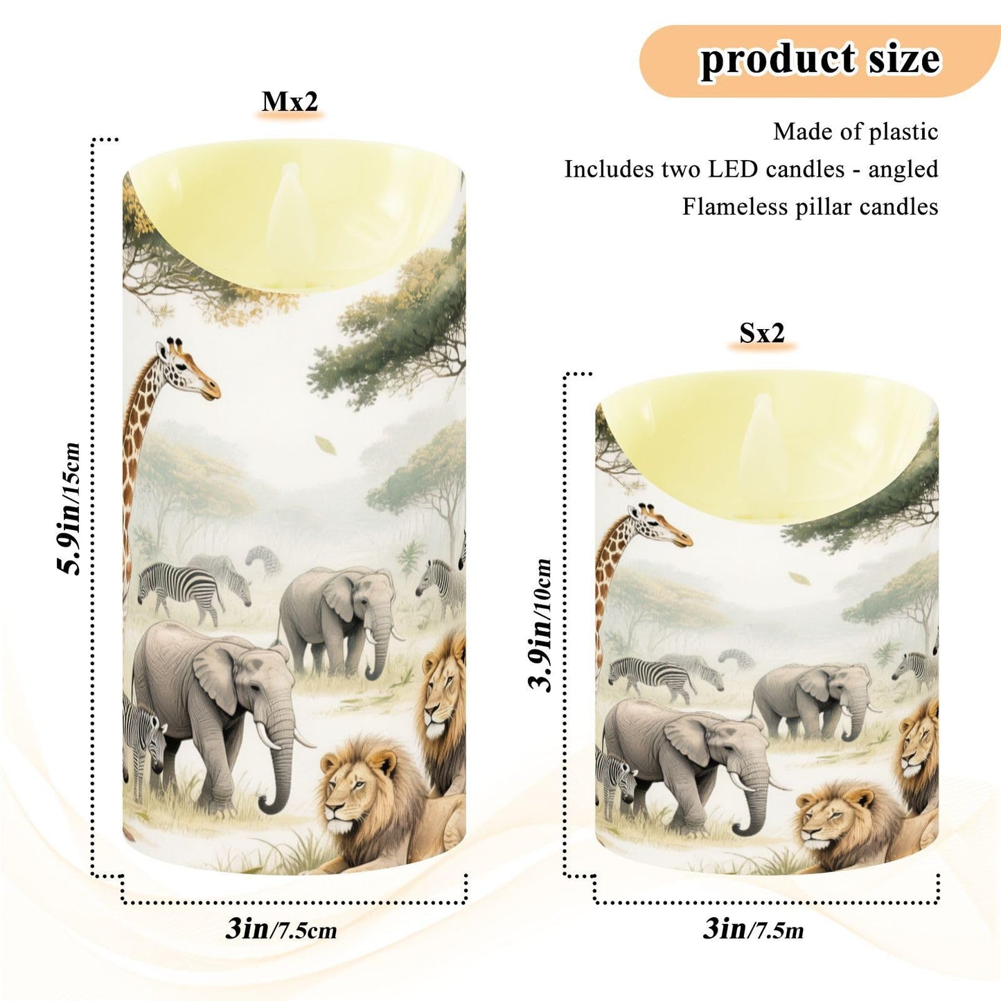 Gravopti Safari Animals 2 Pack Flameless LED Pillar Candles with Remote & Timer, Battery Operated, Flickering Wax Candle for Wedding, Romantic Home & Party Decor