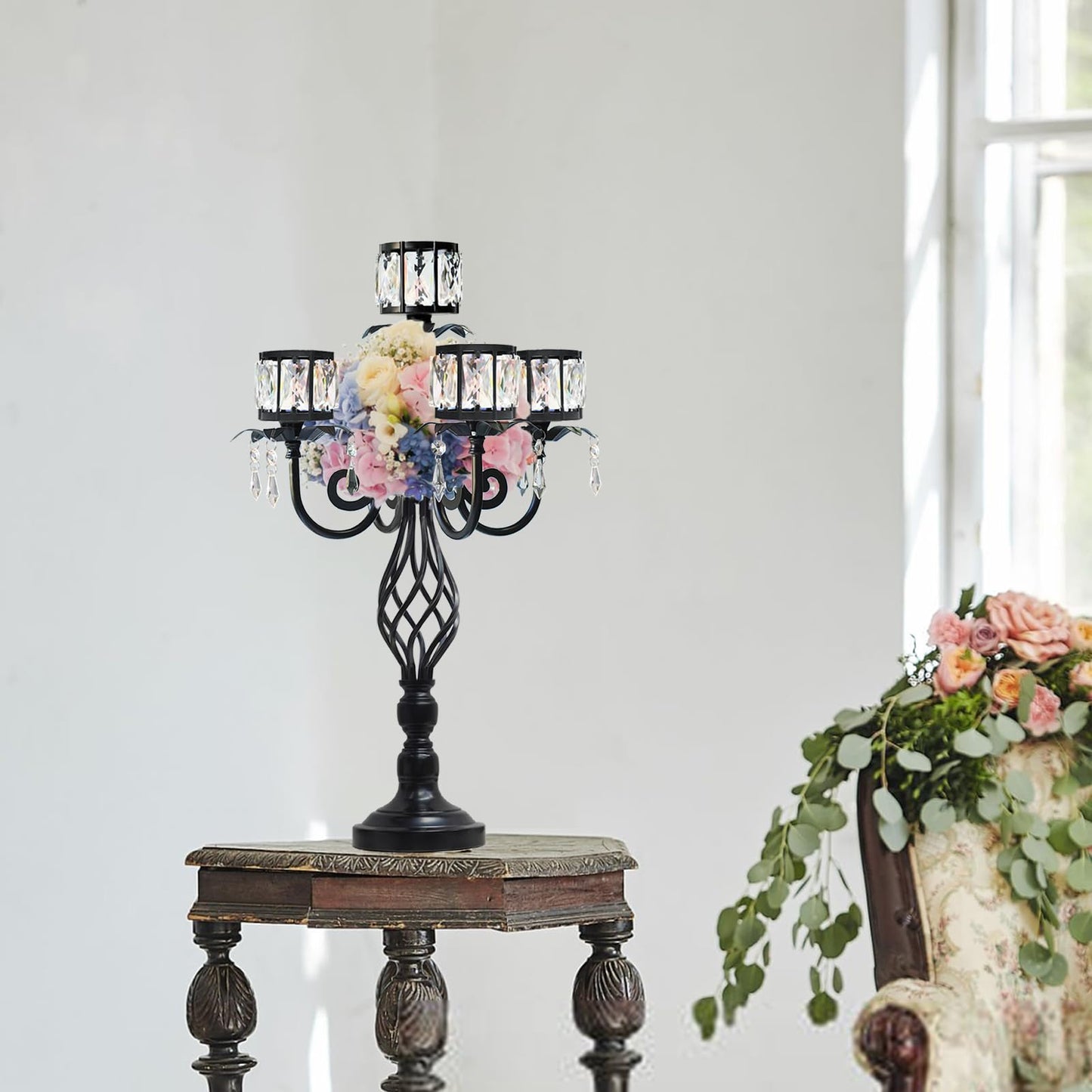 23.2 inch Tall Elegant and Chic 5 Arm Pendant Crystal Candlestick Holder Table Decoration tealight Candle Holder, Candelabra for Gorgeous Wedding/Parties Table Centerpiece (1, Black)